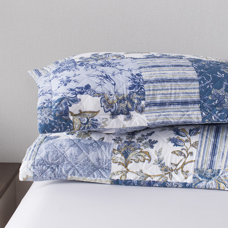 Mintorai Ultra Soft Cozy Blue & Gold Patchwork Floral Pillow Sham, Machine Washable