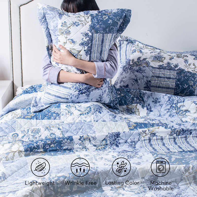 Mintorai Vintage Blue Patchwork Floral Quilt Set - All Season Bedding, Room Decor, Graduation Gifts