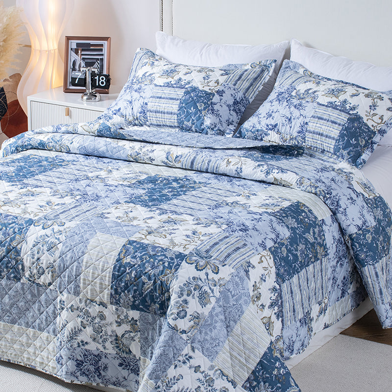 Mintorai Vintage Blue Patchwork Floral Quilt Set - All Season Bedding, Room Decor, Graduation Gifts