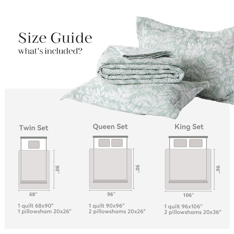 Mintorai Lightweight Botanical Green Floral Quilt Set - Light All Season Bedding, Room Decor, Graduation Gifts