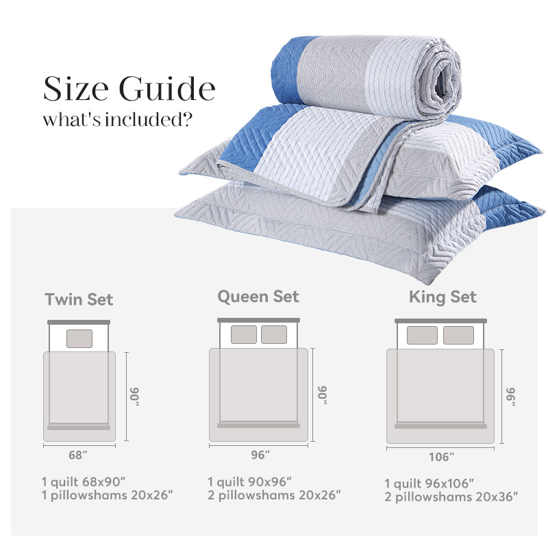 Mintorai Lightweight Reversible Stripe Quilt Set Bedding- Sky Blue and Ivory White, Room Decor, Graduation Gifts, Father's Day Gift