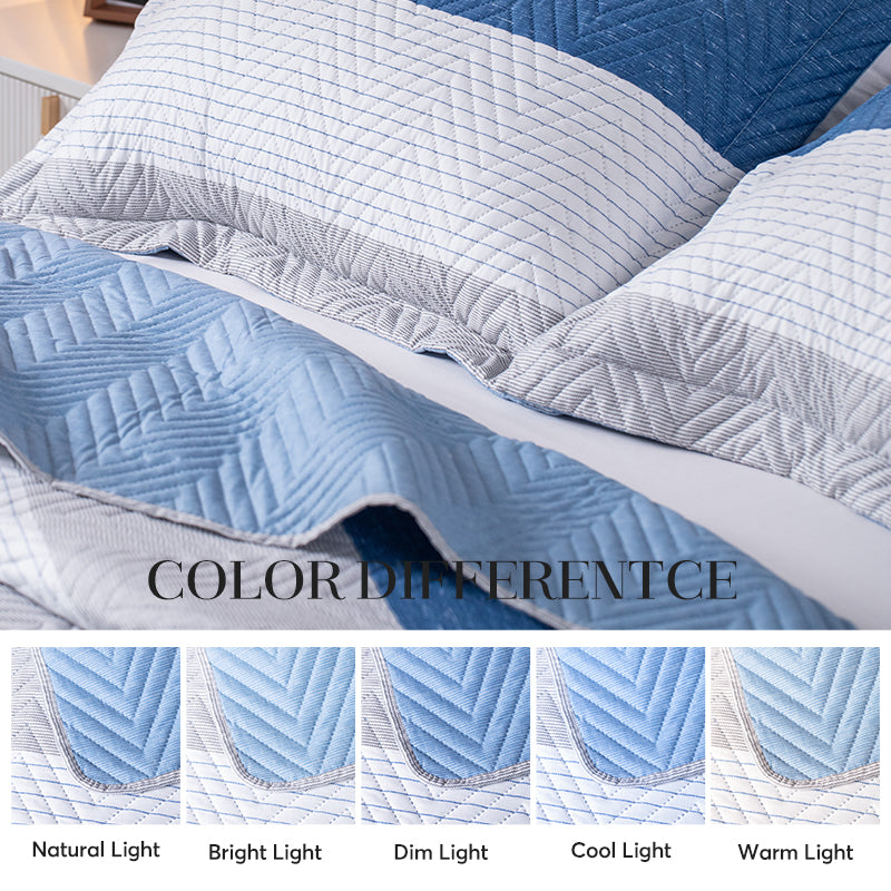 Mintorai Lightweight Reversible Stripe Quilt Set Bedding- Sky Blue and Ivory White, Room Decor, Graduation Gifts, Father's Day Gift