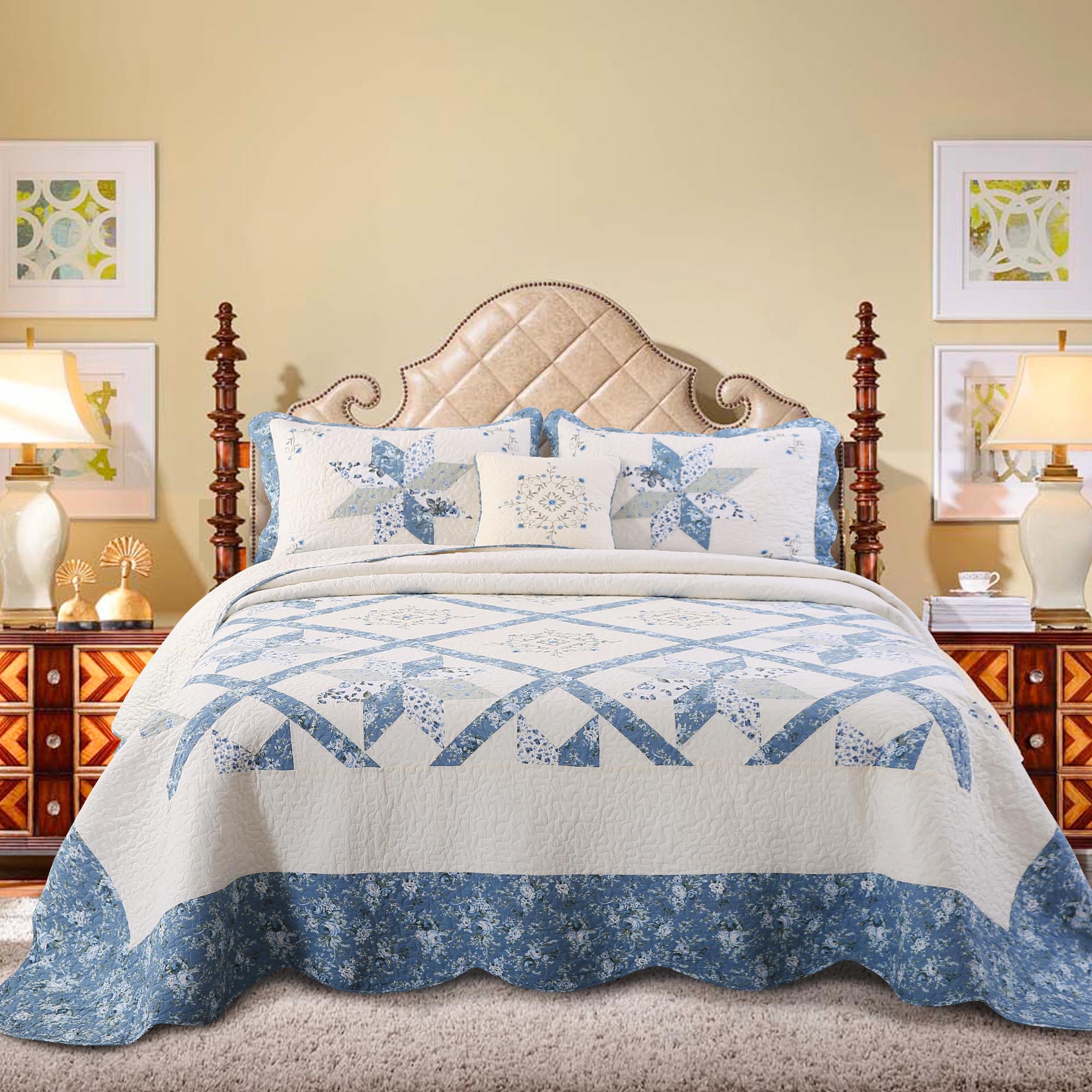 Mintorai 100% Cotton Summer Star Design Embroidered Patchwork Bedspread, Multi Blue