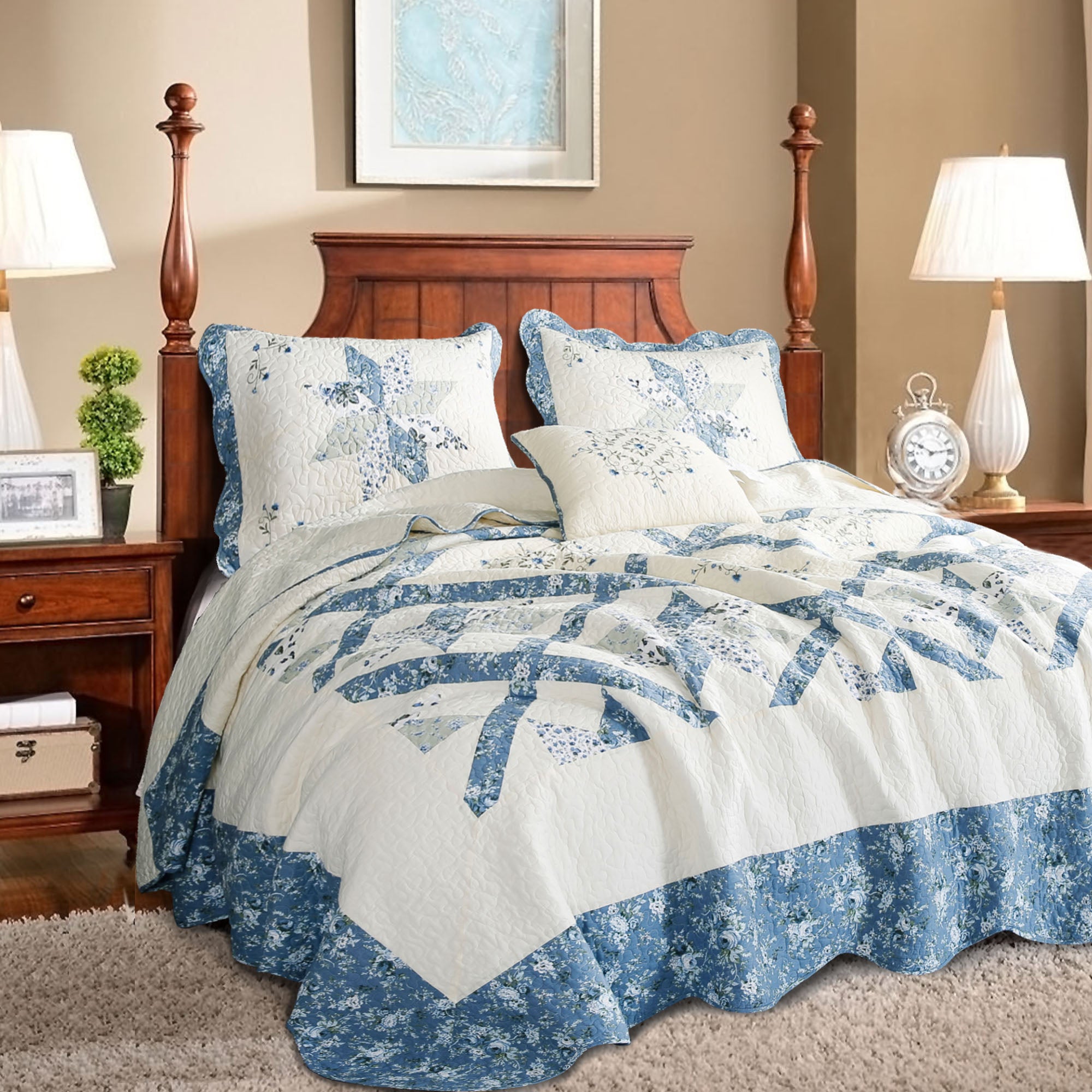 Mintorai 100% Cotton Summer Star Design Embroidered Patchwork Bedspread, Multi Blue