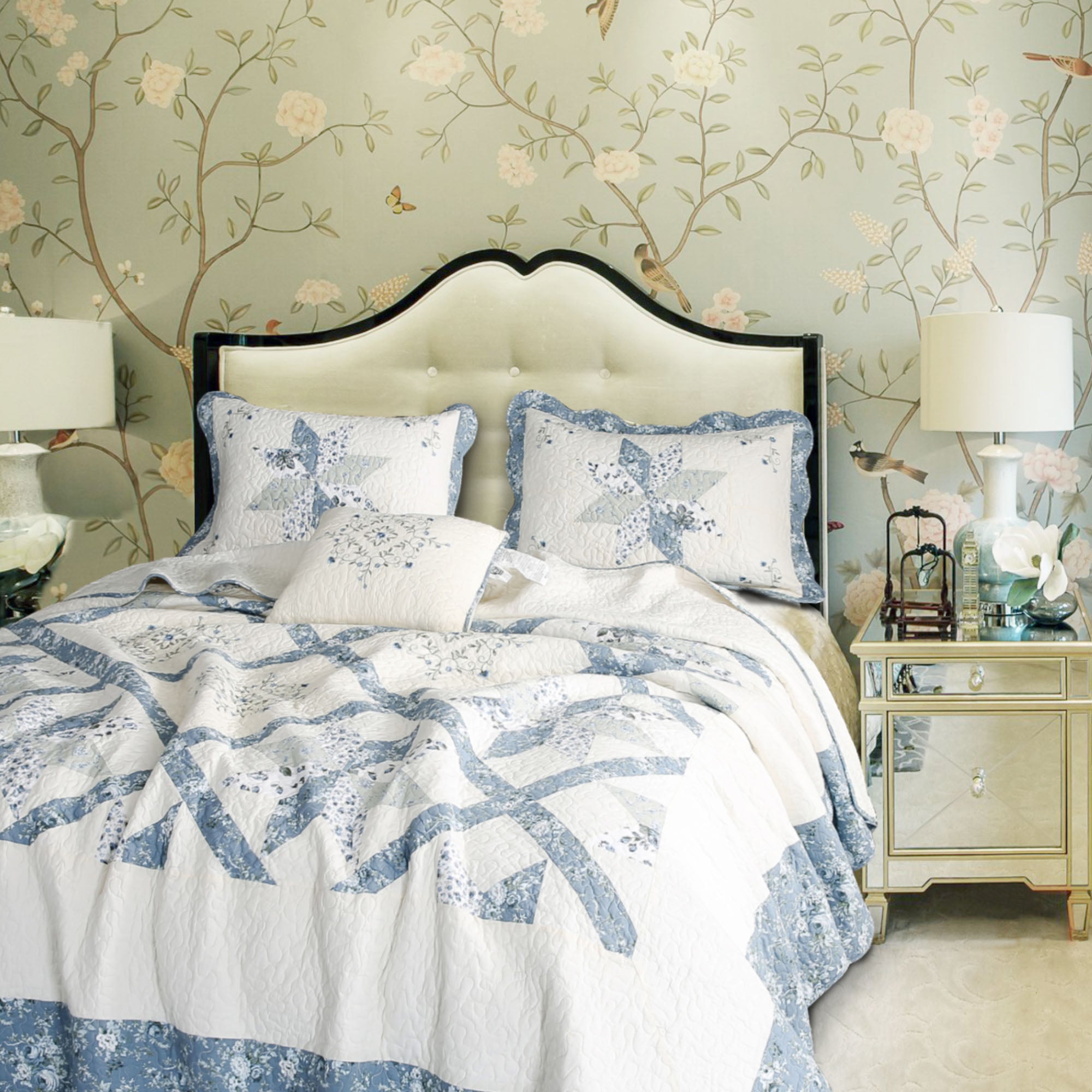 Mintorai 100% Cotton Summer Star Design Embroidered Patchwork Bedspread, Multi Blue