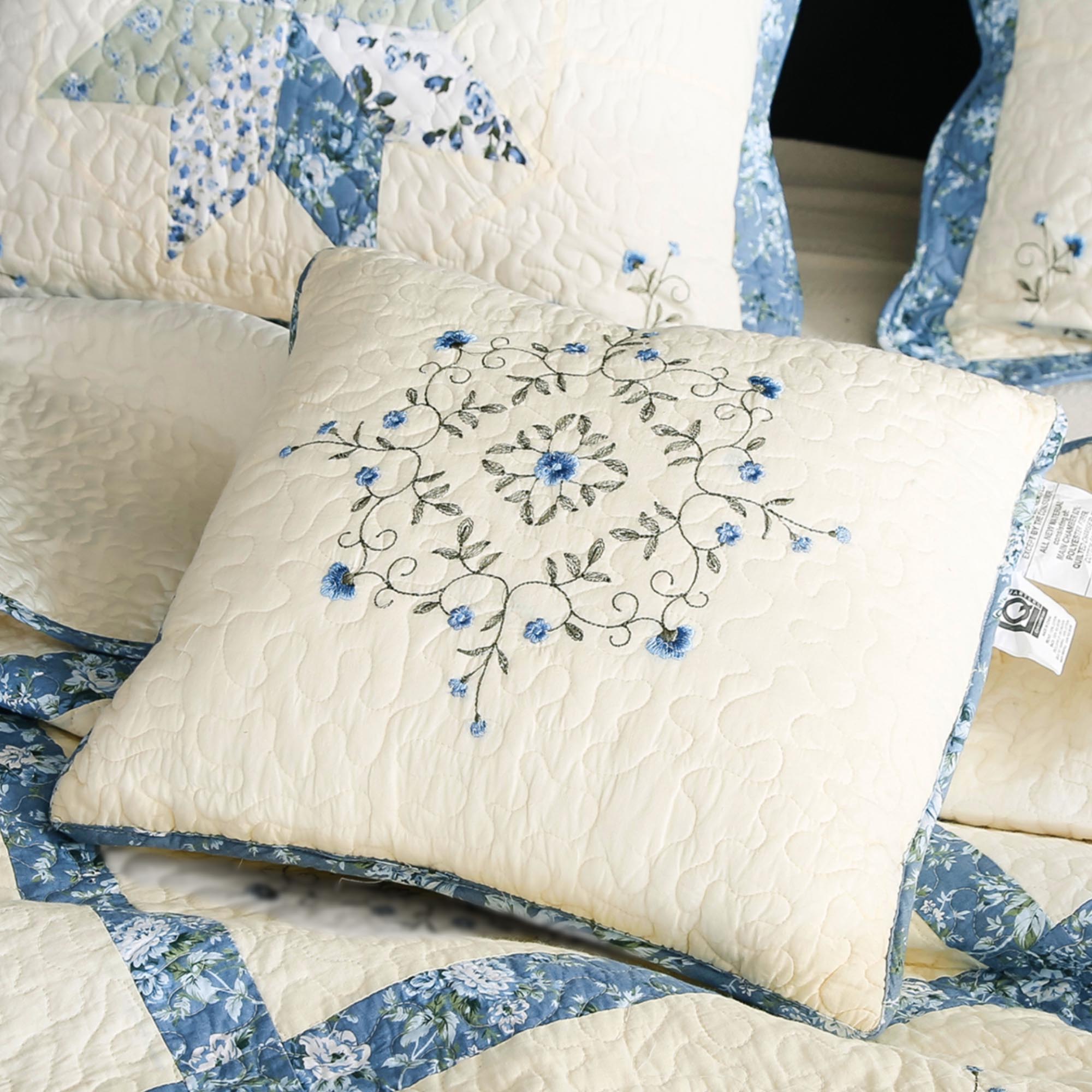 Mintorai 100% Cotton Summer Star Design Embroidered Patchwork Bedspread, Multi Blue