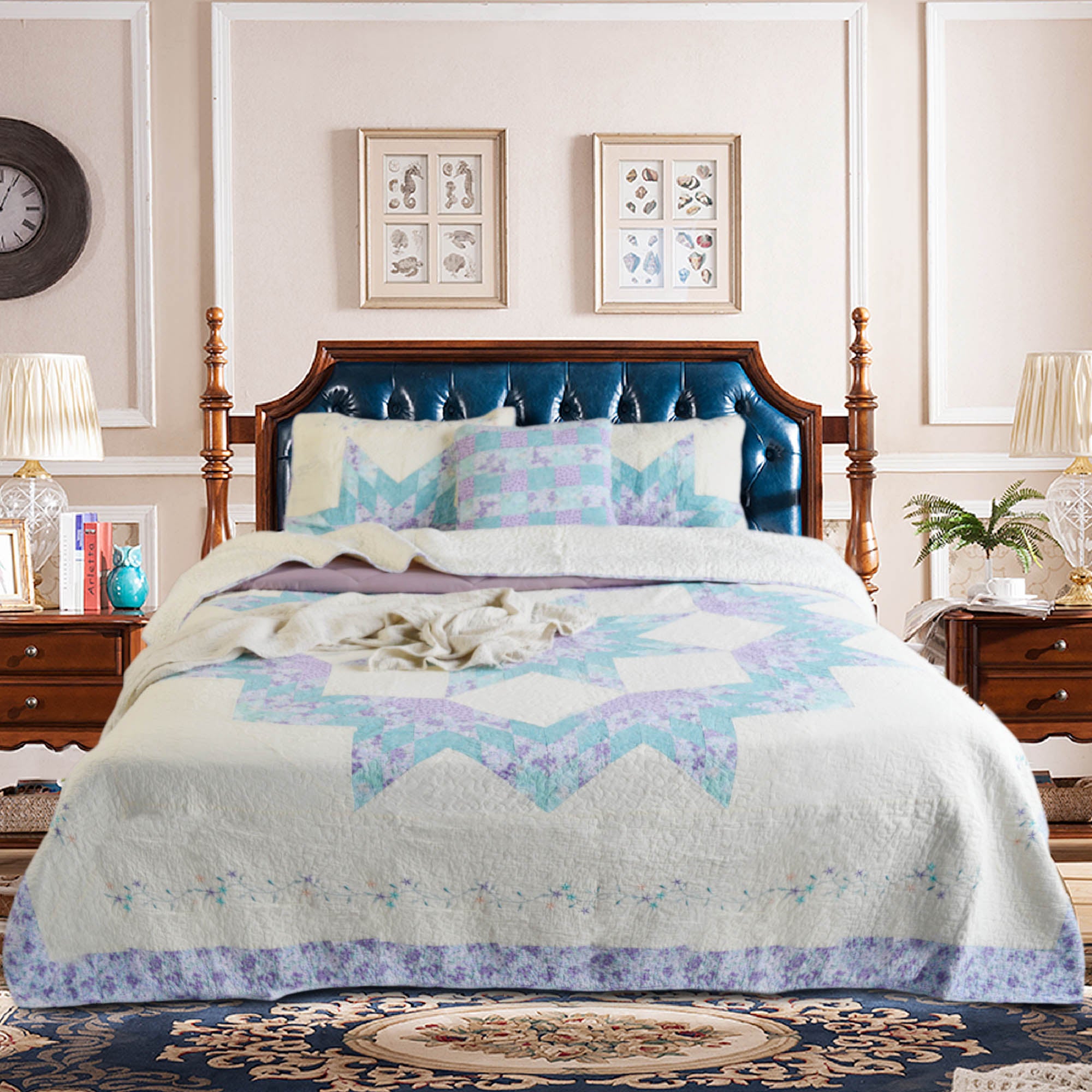 Mintorai 100% Cotton Summer Star Design Embroidered Patchwork Bedspread, Multi Blue