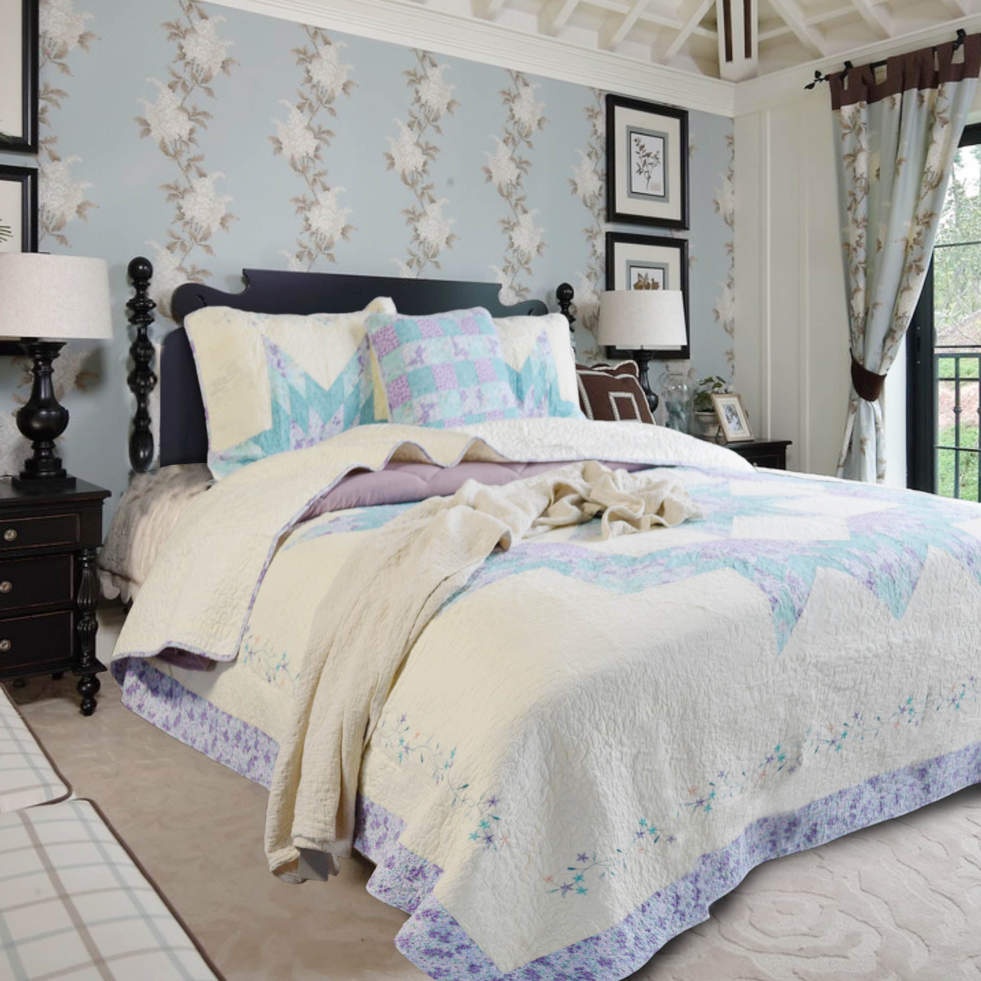 Mintorai 100% Cotton Summer Star Design Embroidered Patchwork Bedspread, Multi Blue