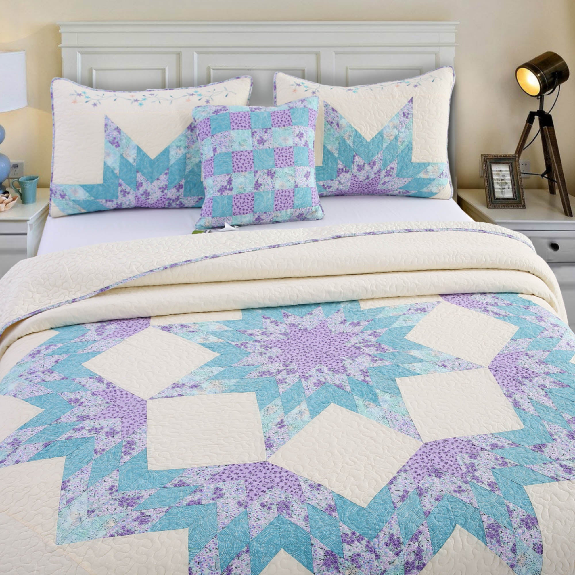 Mintorai 100% Cotton Summer Star Design Embroidered Patchwork Bedspread, Multi Blue