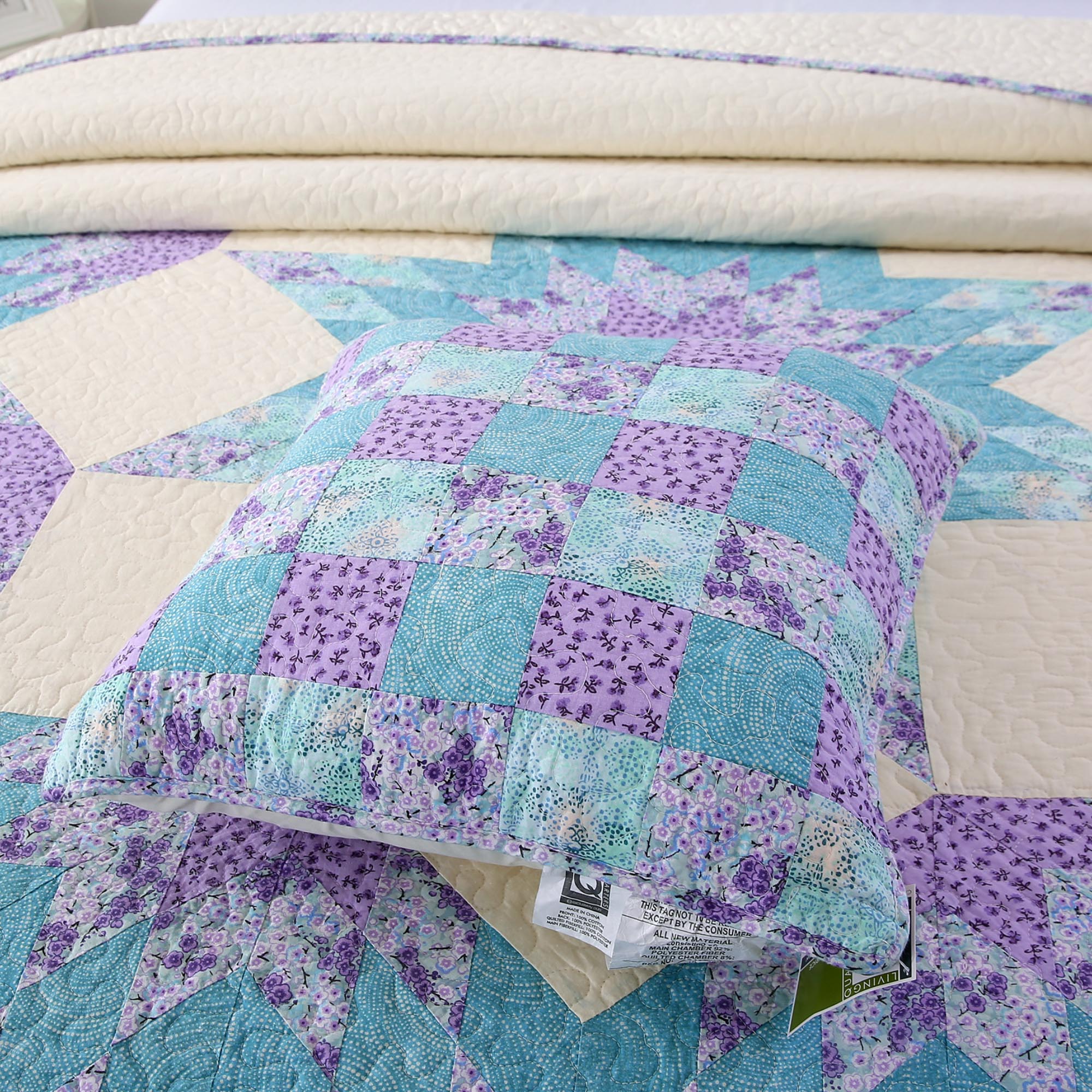 Mintorai 100% Cotton Summer Star Design Embroidered Patchwork Bedspread, Multi Blue