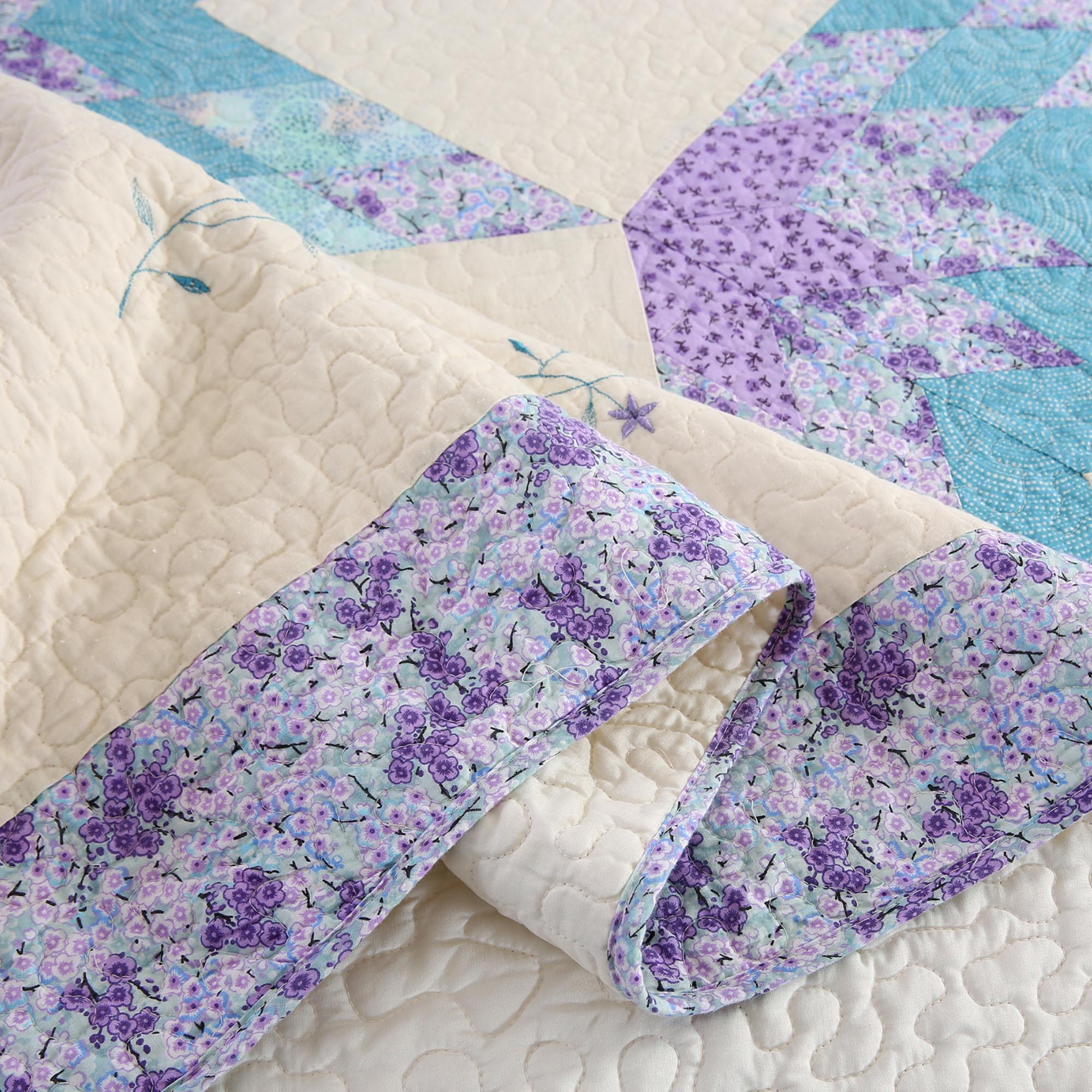 Mintorai 100% Cotton Summer Star Design Embroidered Patchwork Bedspread, Multi Blue