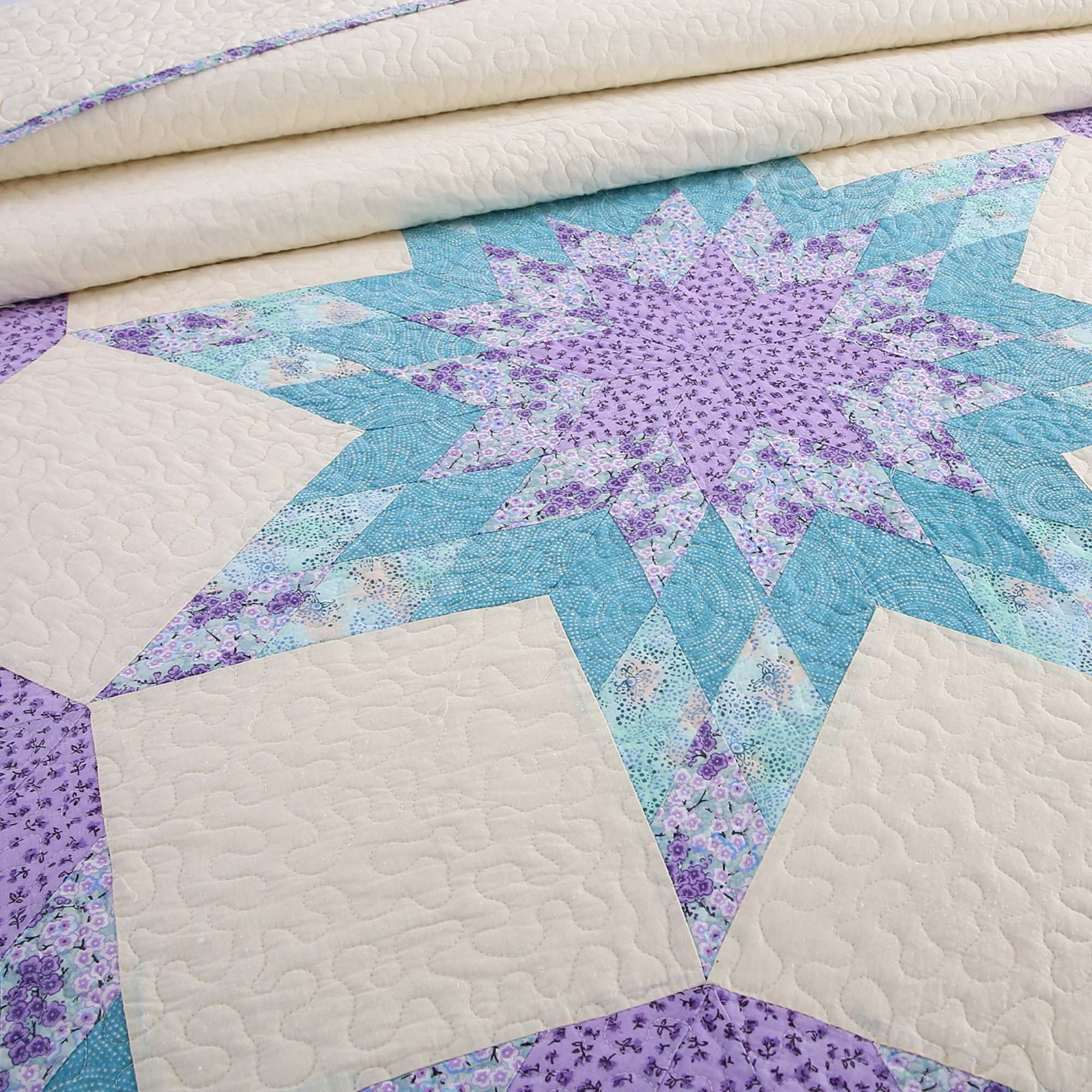 Mintorai 100% Cotton Summer Star Design Embroidered Patchwork Bedspread, Multi Blue