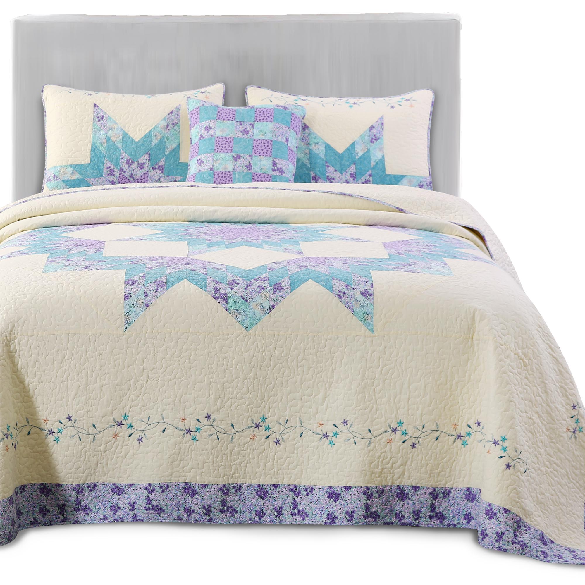 Mintorai 100% Cotton Summer Star Design Embroidered Patchwork Bedspread, Multi Blue