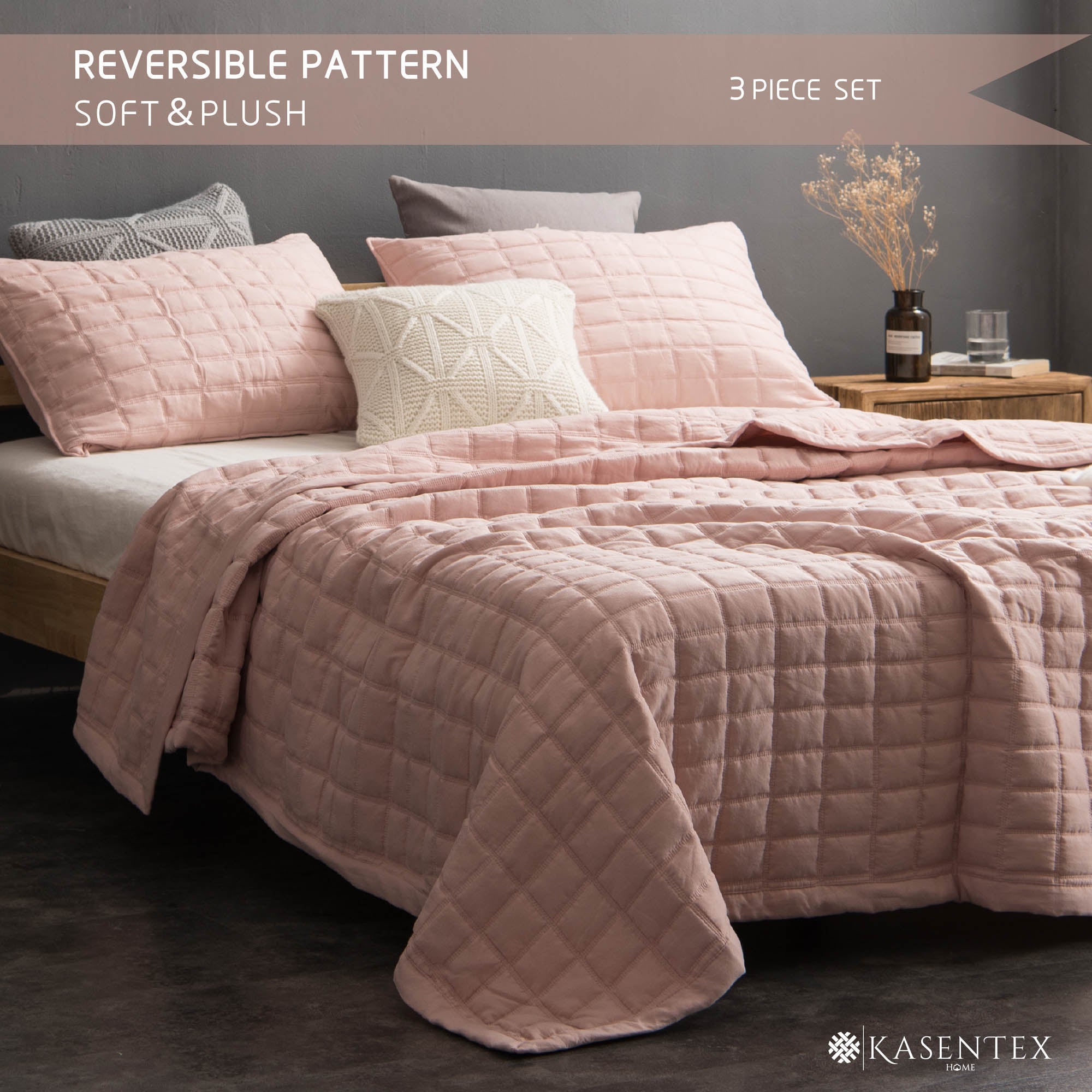 Mintorai Lavish Style Stone-Washed Ultra Soft Box Stitched Lightweight Quilt Set, Pink, Grey, Blue, Room Decor, Graduation Gifts