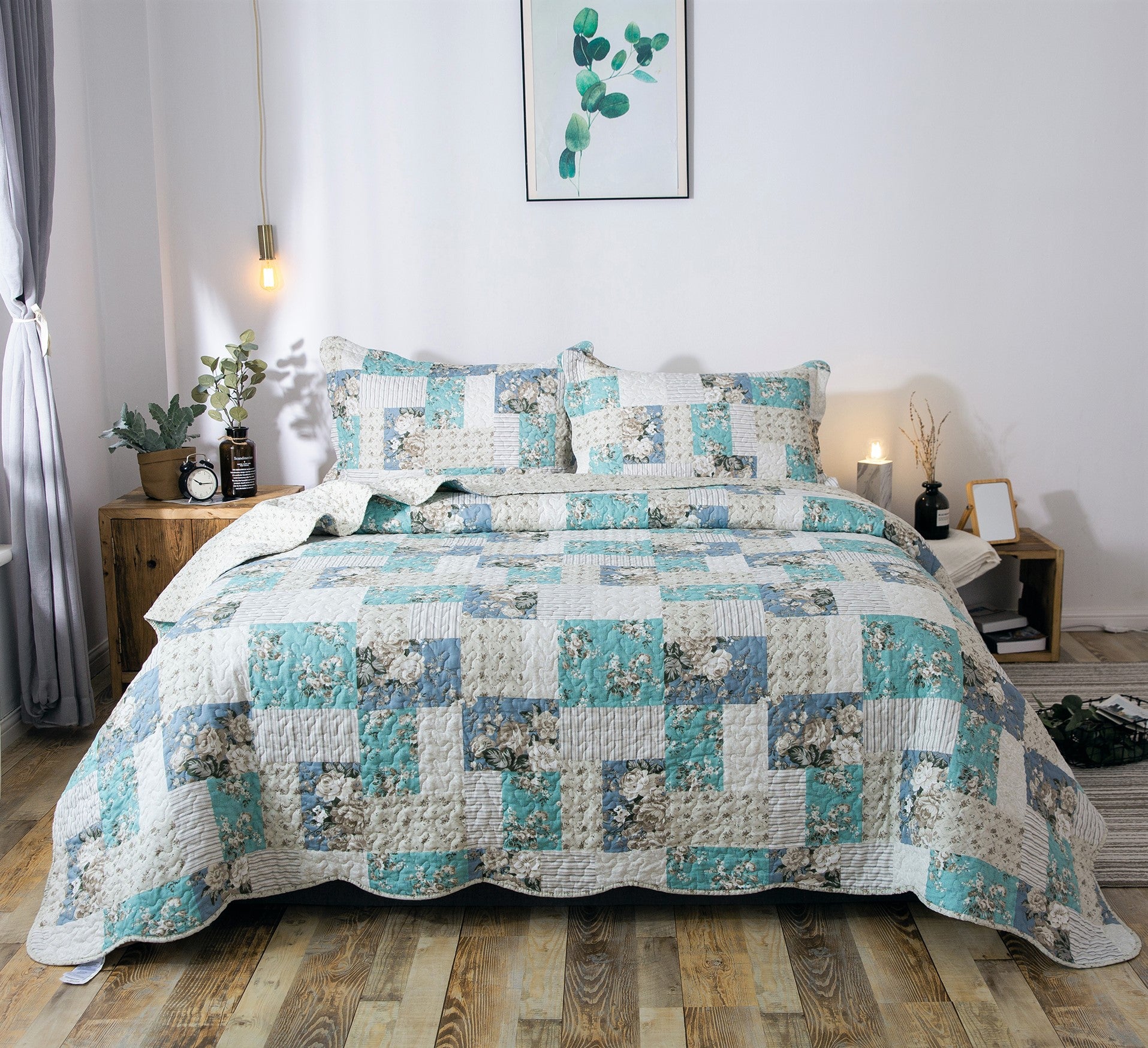 Mintorai Country-Chic Print Pre-Washed Quilt Set Microfiber Fabric. Aqua Green - Mintorai