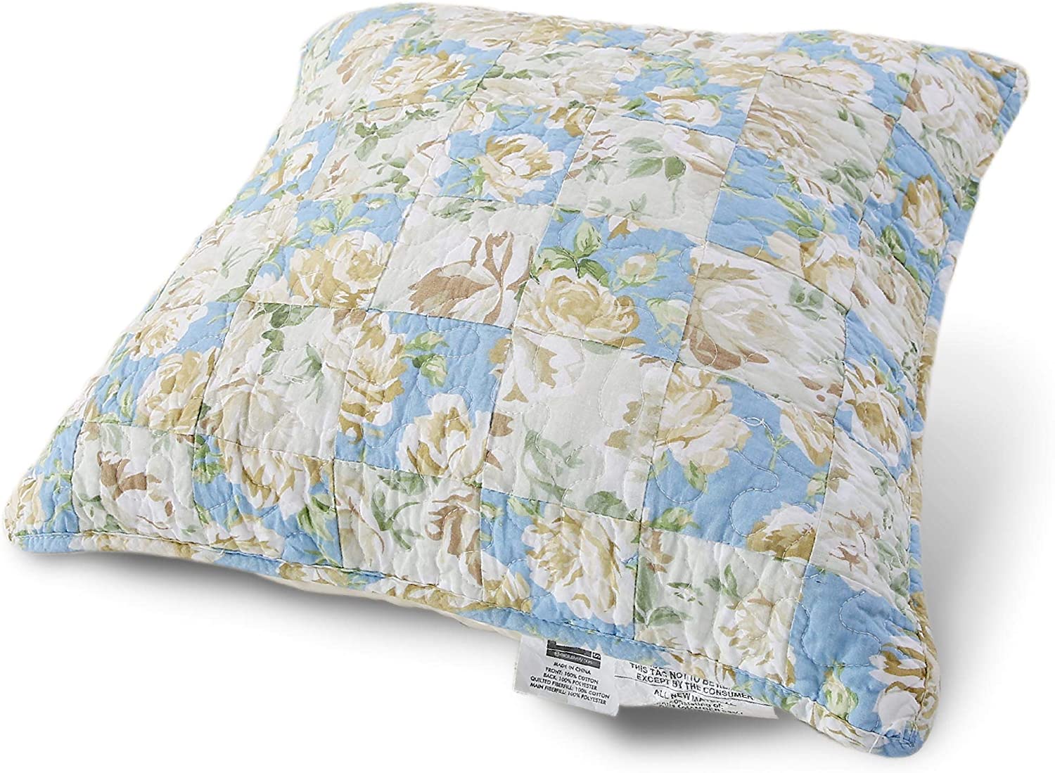 Mintorai 100% Cotton Floral Patchwork Throw Pillow, Blue and Beige