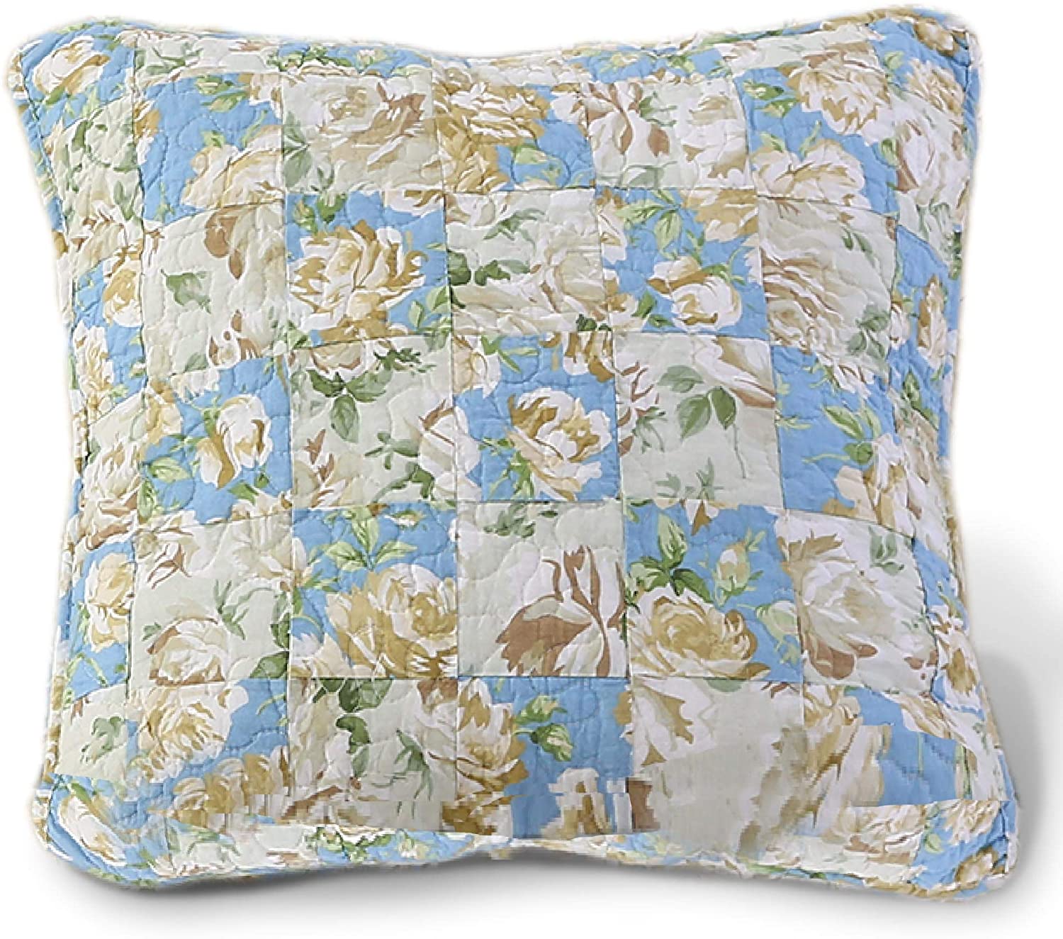 Mintorai 100% Cotton Floral Patchwork Throw Pillow, Blue and Beige