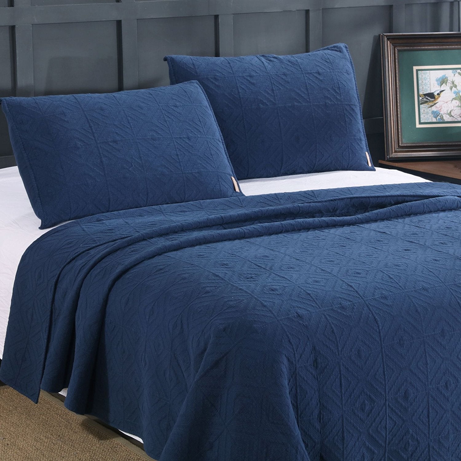Mintorai Cozy Stonewashed Quilt Set, Navy Blue and White