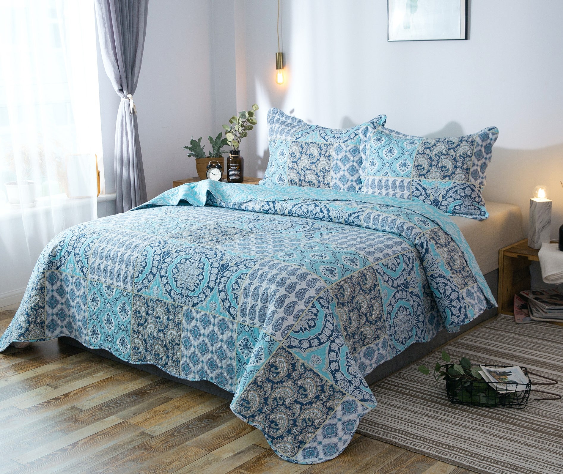 Mintorai Country-Chic Printed Pre-Washed Quilt Set. Microfiber. Airy Blue - Mintorai