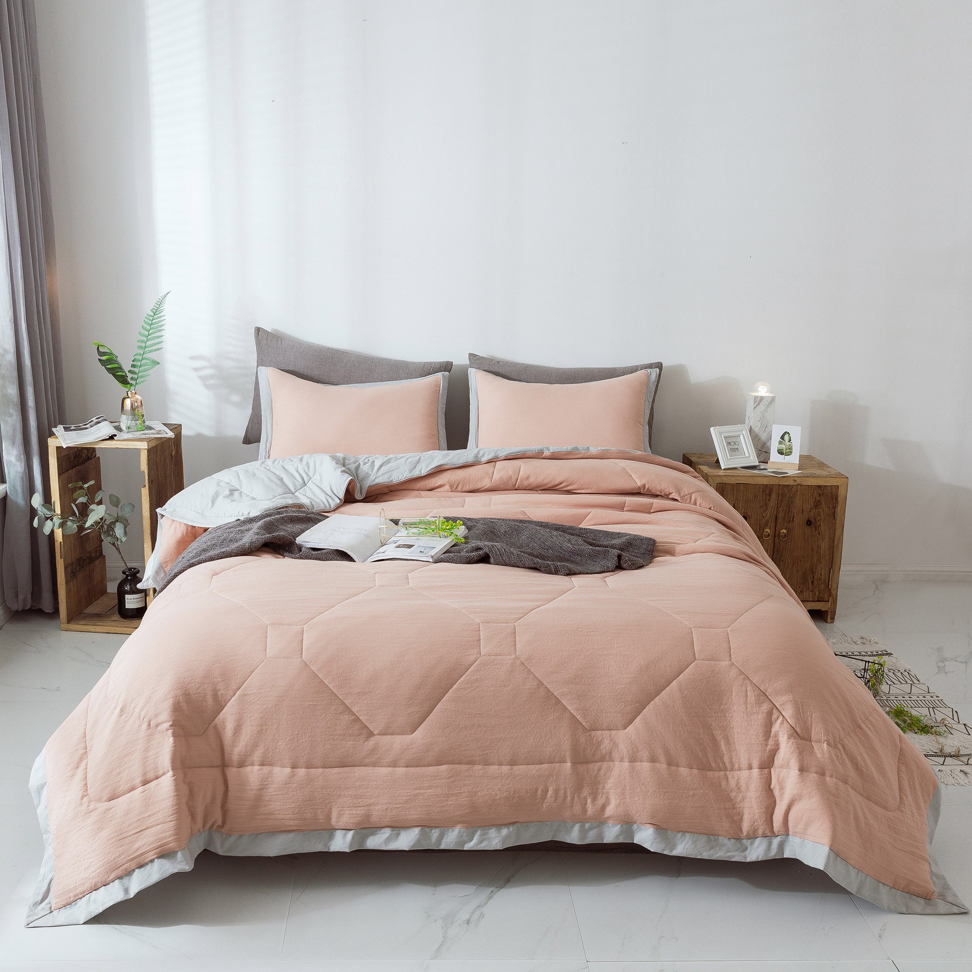 Mintorai Ultra Soft Quilted Comforter Set with Ruffled Trim Edge, Peach Rose, Room Decor, Graduation Gifts