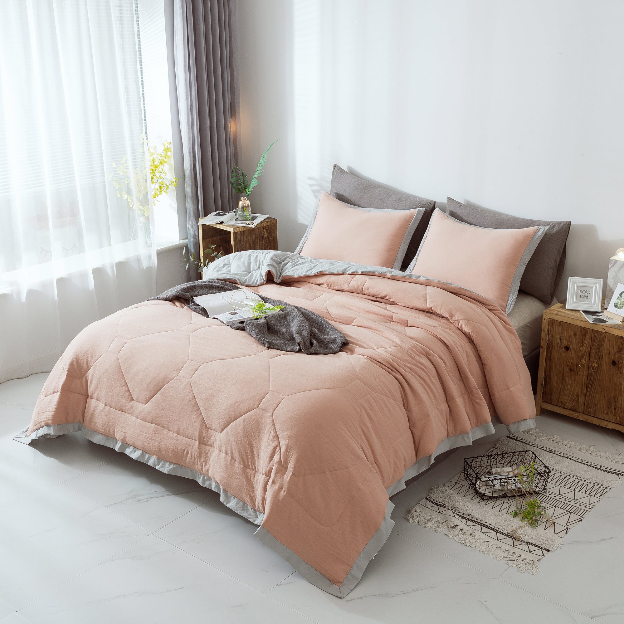 Mintorai Ultra Soft Quilted Comforter Set with Ruffled Trim Edge, Peach Rose, Room Decor, Graduation Gifts