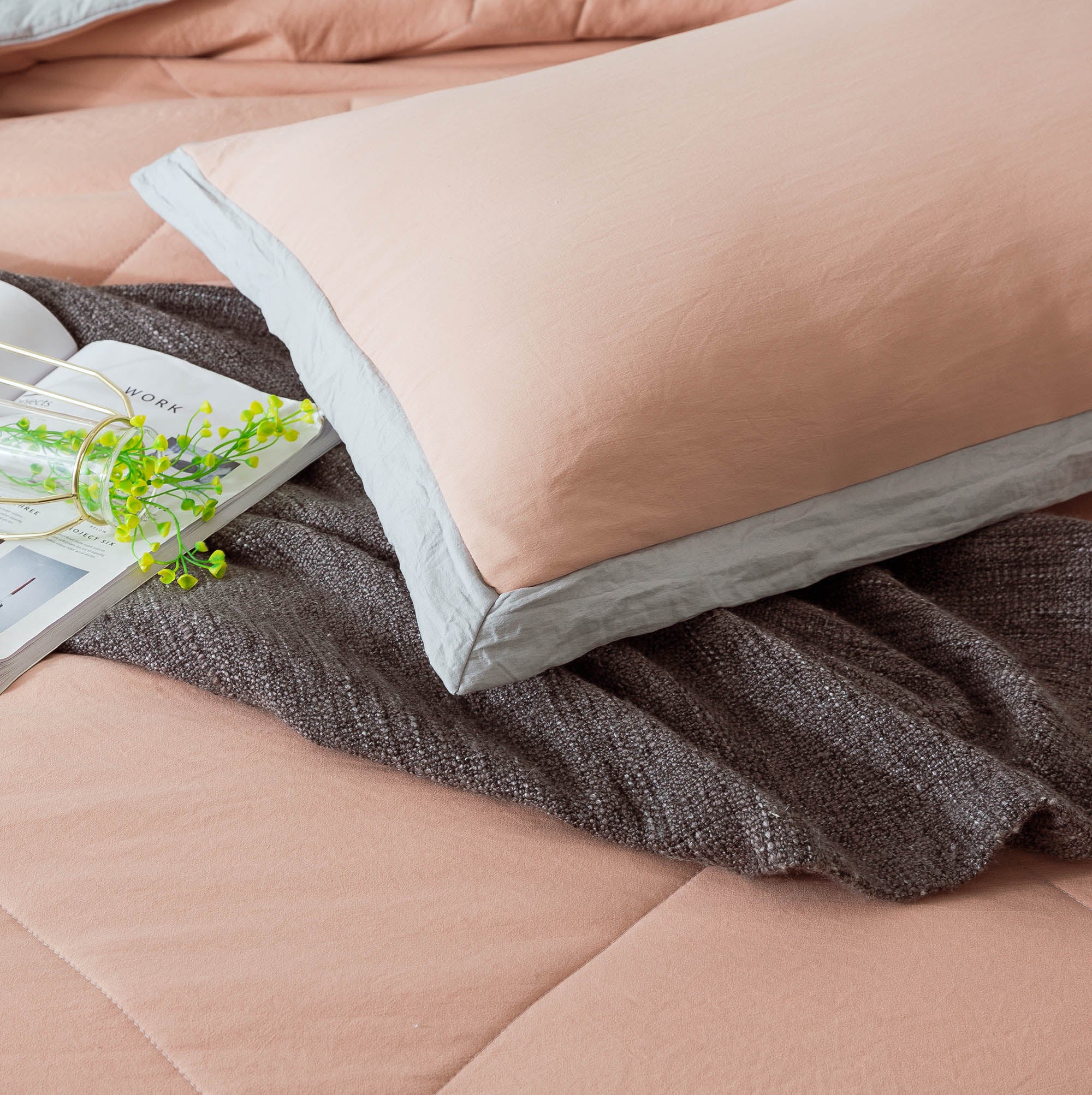 Mintorai Ultra Soft Quilted Comforter Set with Ruffled Trim Edge, Peach Rose, Room Decor, Graduation Gifts