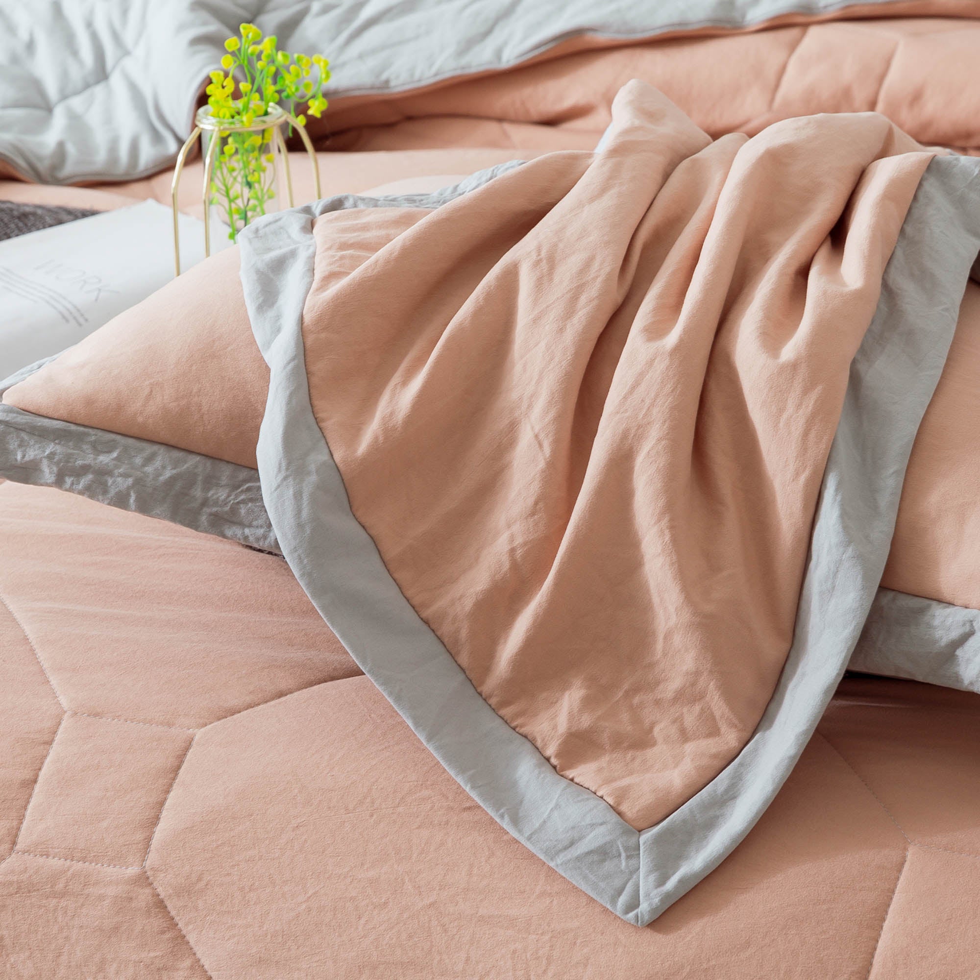 Mintorai Ultra Soft Quilted Comforter Set with Ruffled Trim Edge, Peach Rose, Room Decor, Graduation Gifts