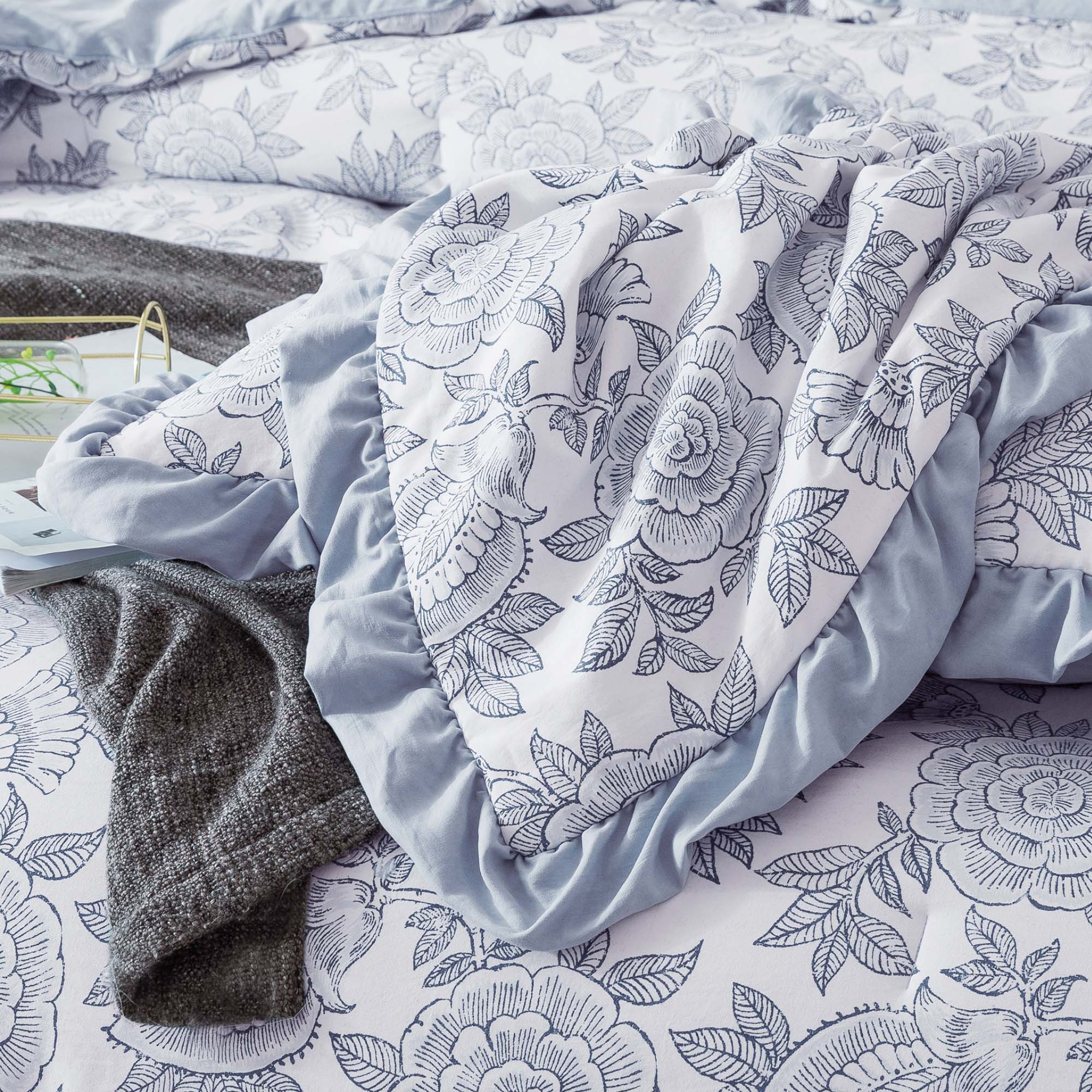 Mintorai Floral Quilted Comforter Set with Border Trim Design, Multi Blue, Room Decor, Graduation Gifts