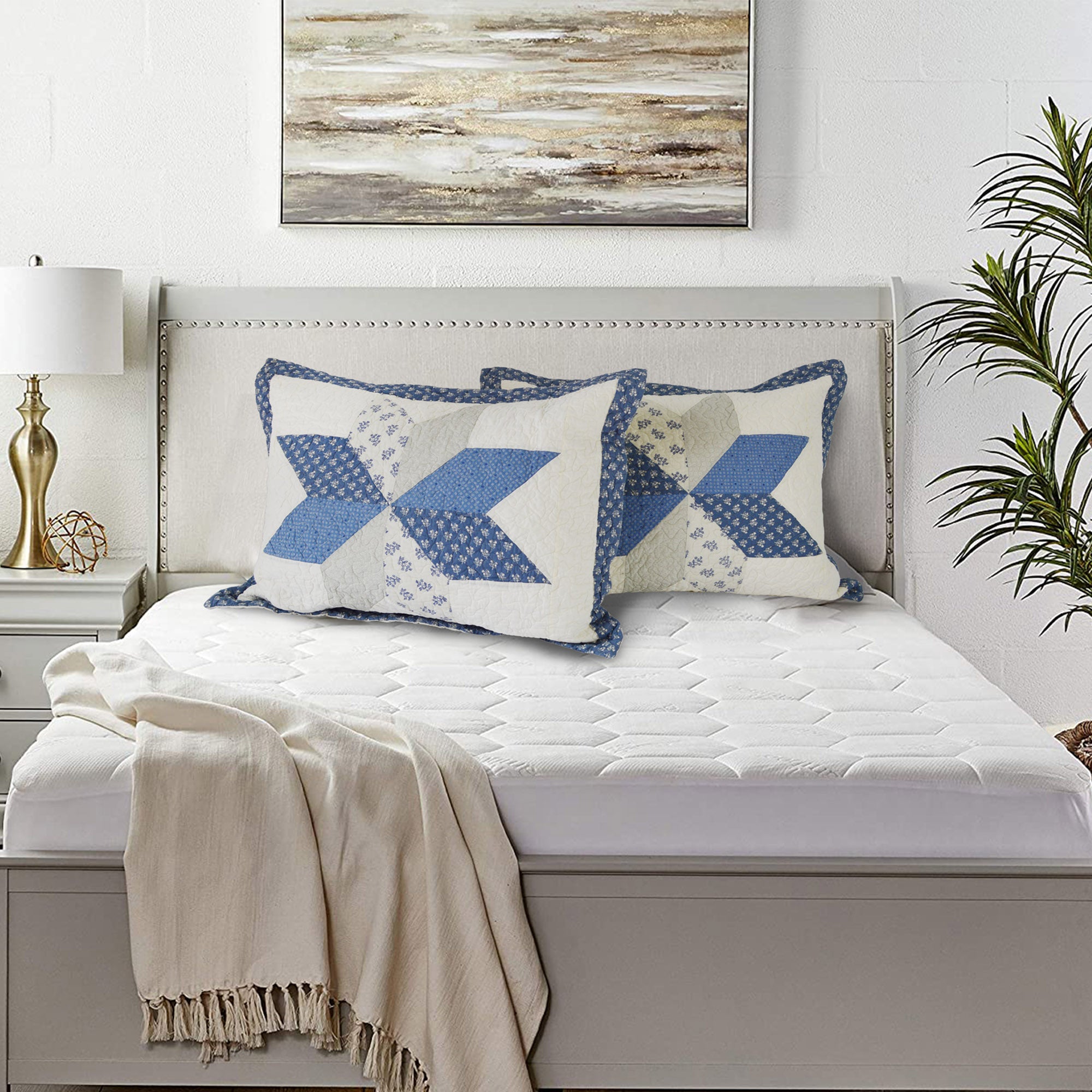 Mintorai 100% Cotton Summer Diamond Blue Patchwork Quilt King Size Pillow Sham, Boho Style, Motif Blue and Ivory, Room Decor, Graduation Gifts