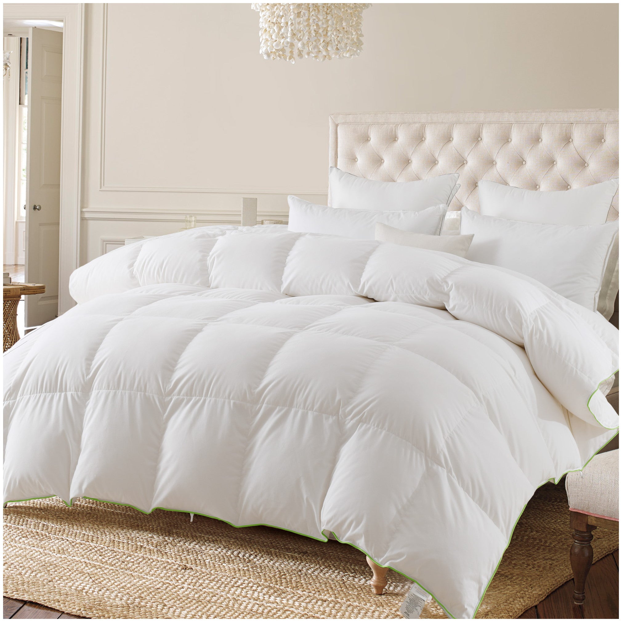 Mintorai Ultra Soft Green Piped Edge Warm Heavy Weights Down Comforter, White, Room Decor, Graduation Gifts