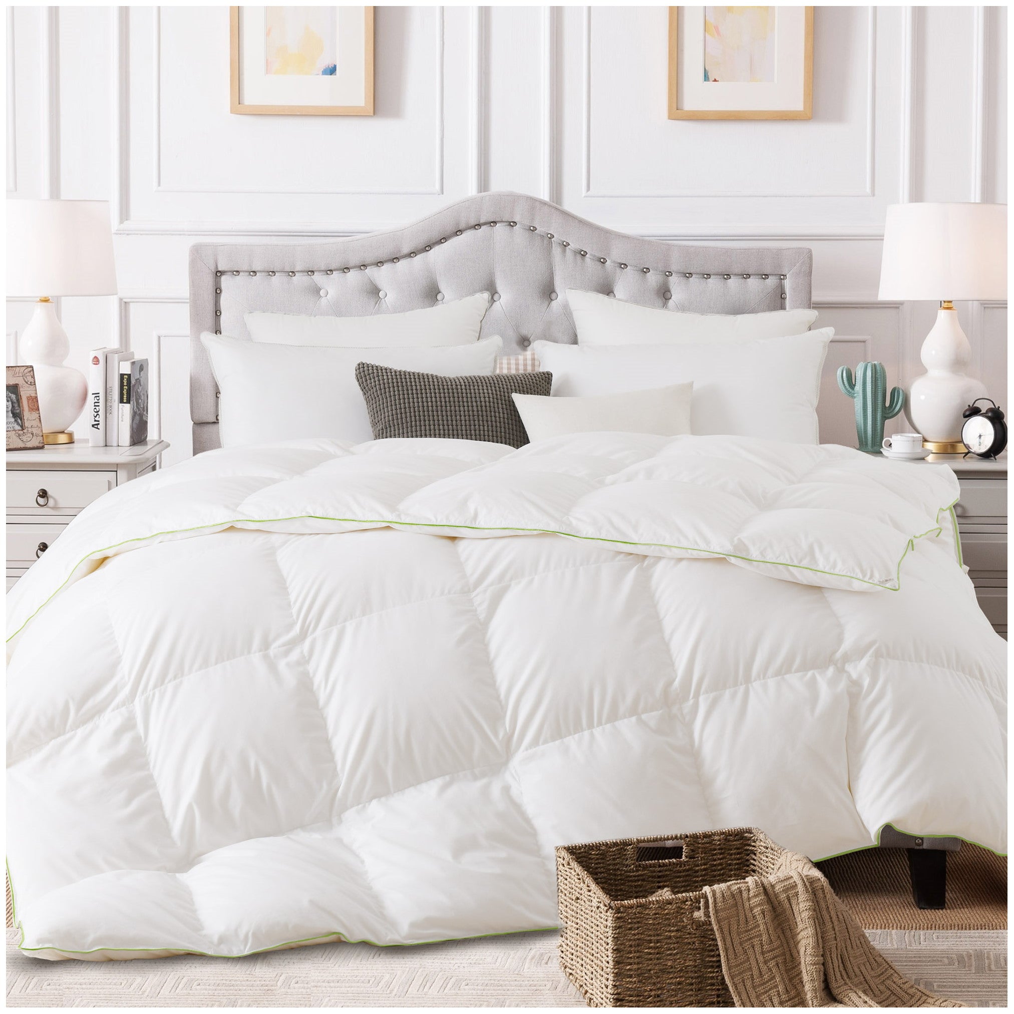 Mintorai Warm Premium White Goose Down Comforter with Contemporary Green Piped Edge, 100% Cotton Fabric, Hypoallergenic 750 Fill Power 30-54oz, Duvet Insert