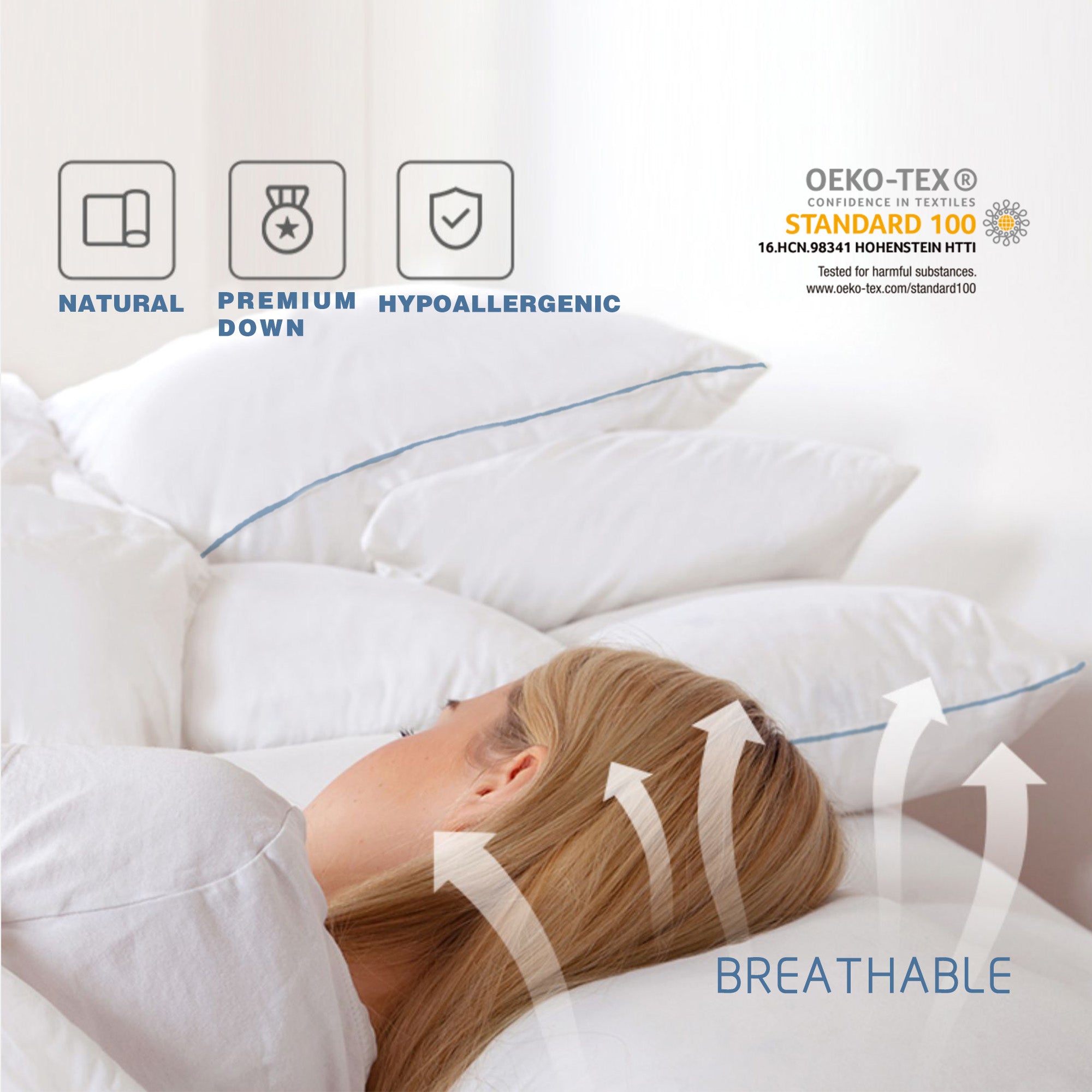 Mintorai Silky Blue Piped Edge King Goose Down Feather Pillow for Bed, White