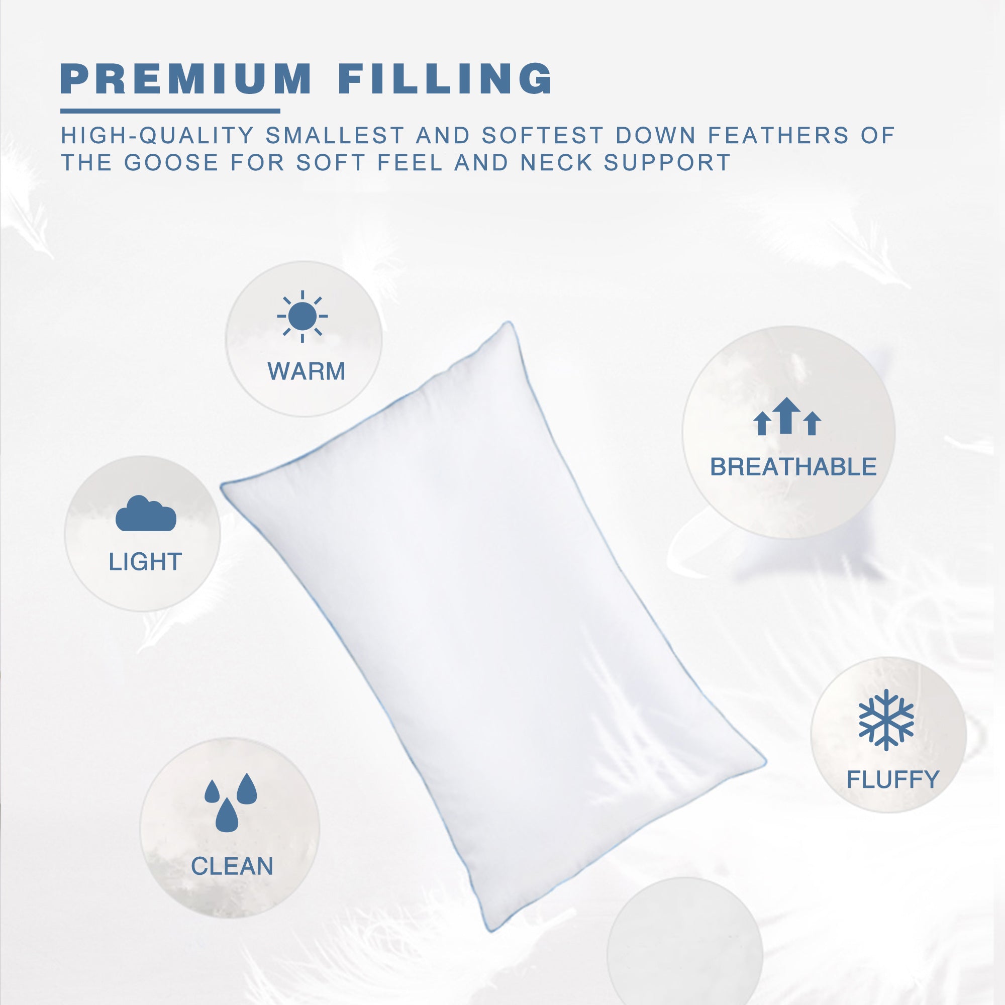 Mintorai Silky Blue Piped Edge King Goose Down Feather Pillow for Bed, White