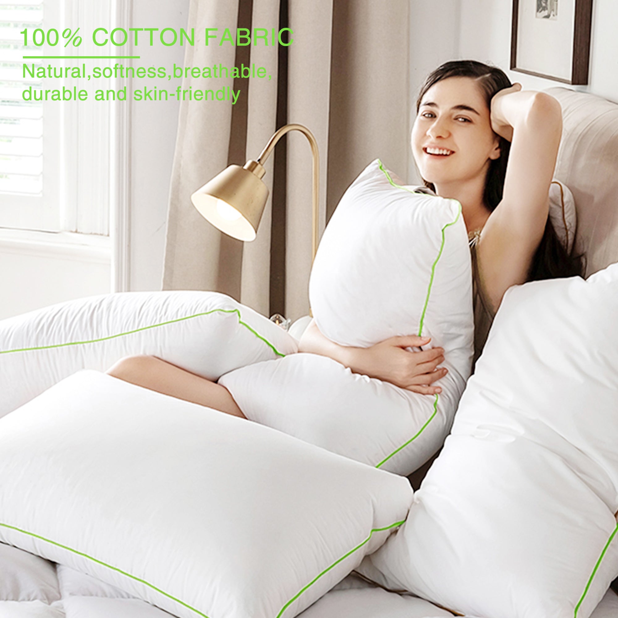 Mintorai Silky Green Piped Edge Goose Down Feather Pillow Set, White