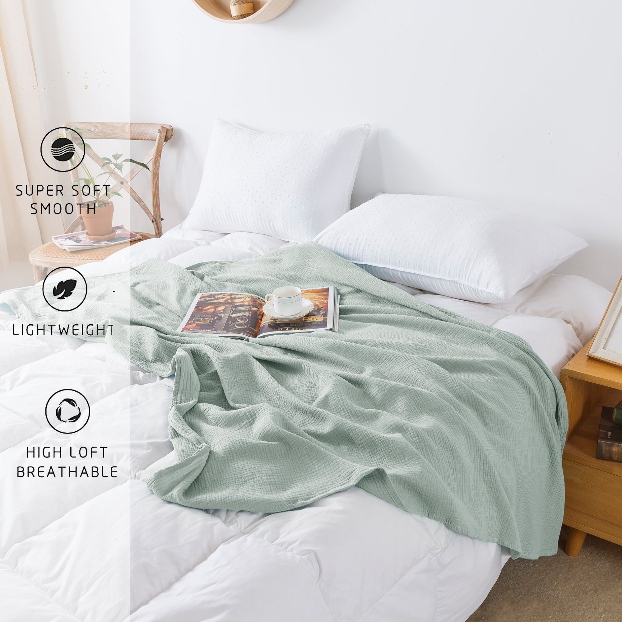 Mintorai 100% Cotton Soft Lightweight Summer Blanket, Turquoise or Sage