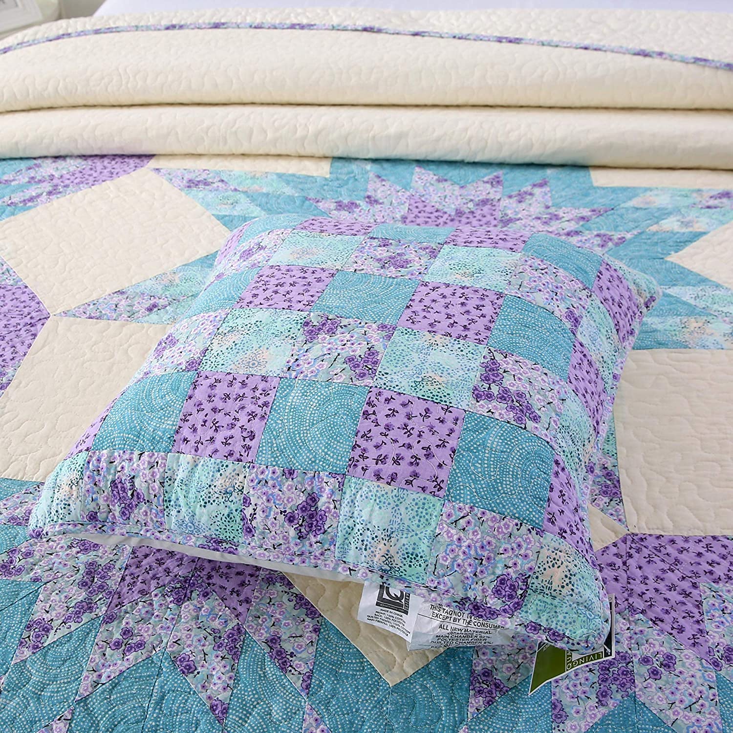 Mintorai 100% Cotton Patchwork Decorative Throw Pillow, Purple and Green