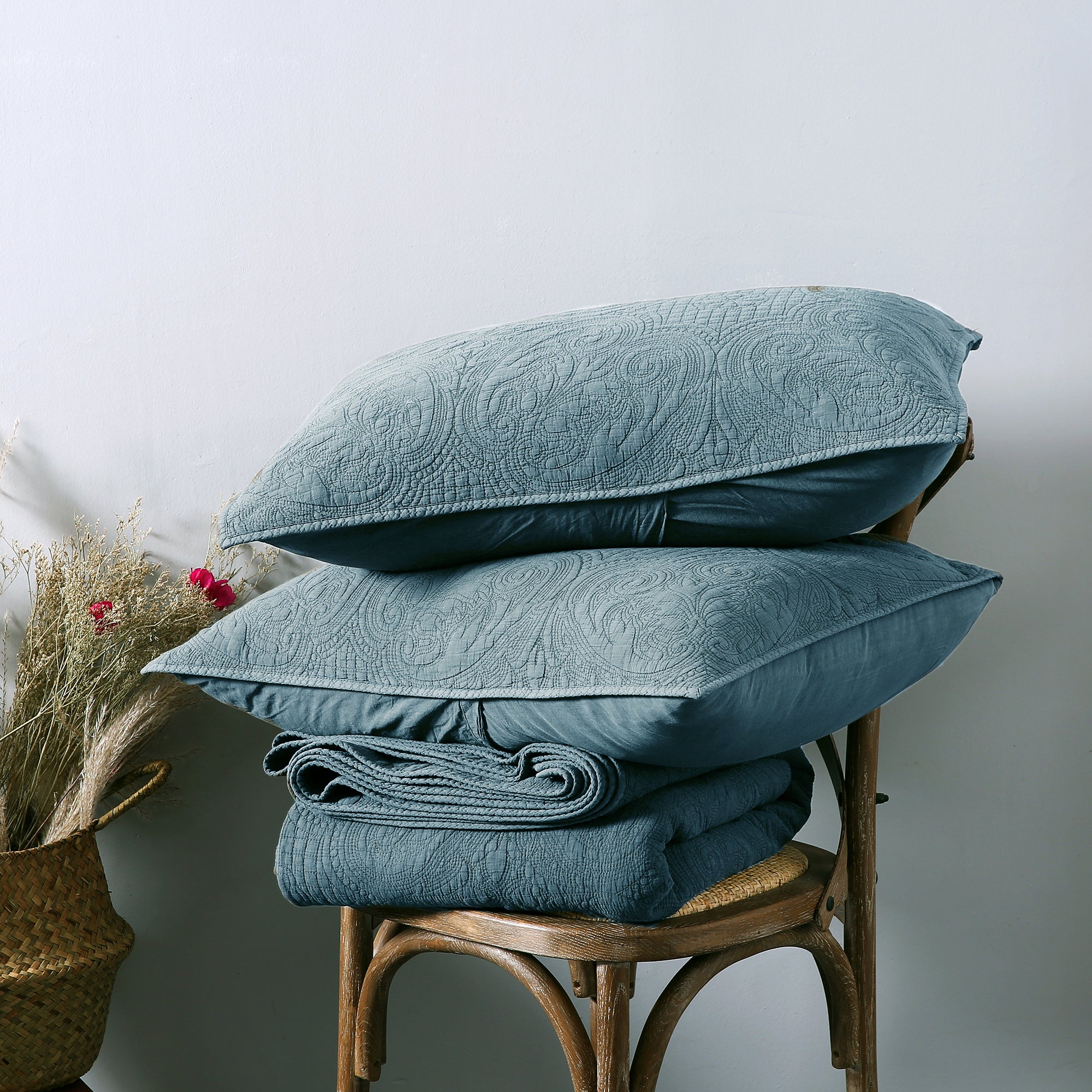 Mintorai 100% Cotton Floral Design Embroidered Throw Pillow, Blue or Brown