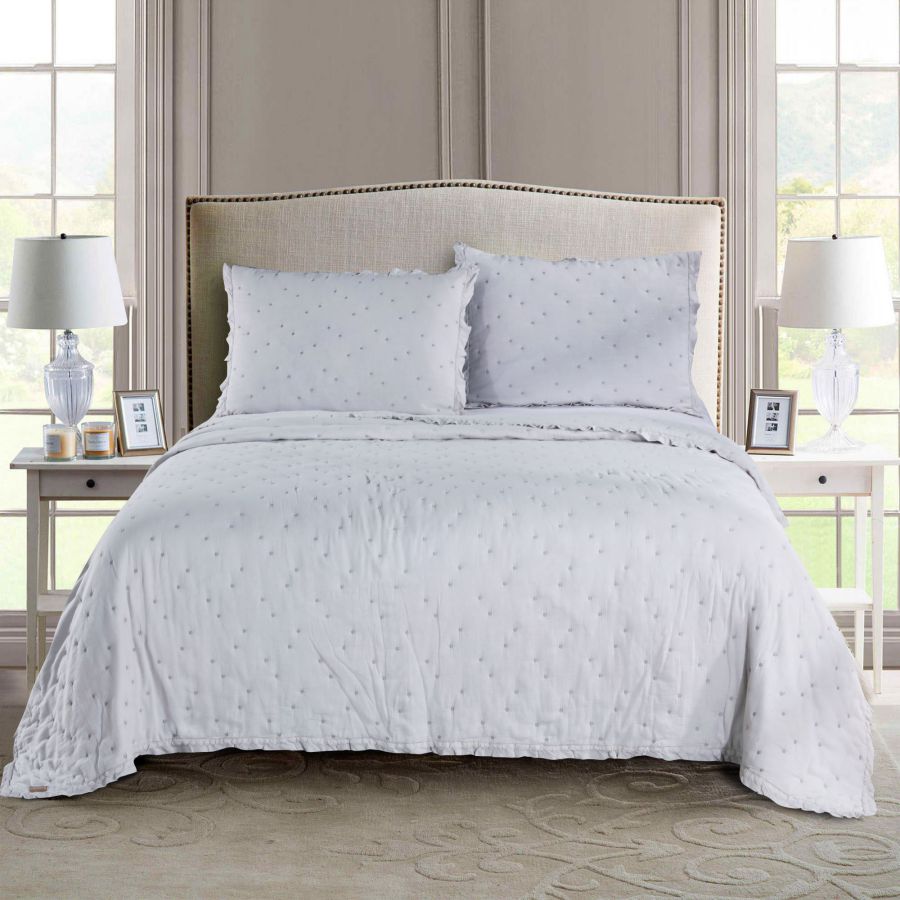 Mintorai Ultra Soft Stone-Washed Bedding Set, 100% Cotton. Contemporary Dot Stitched Lace Embroidery Quilt + 2 Shams - Mintorai