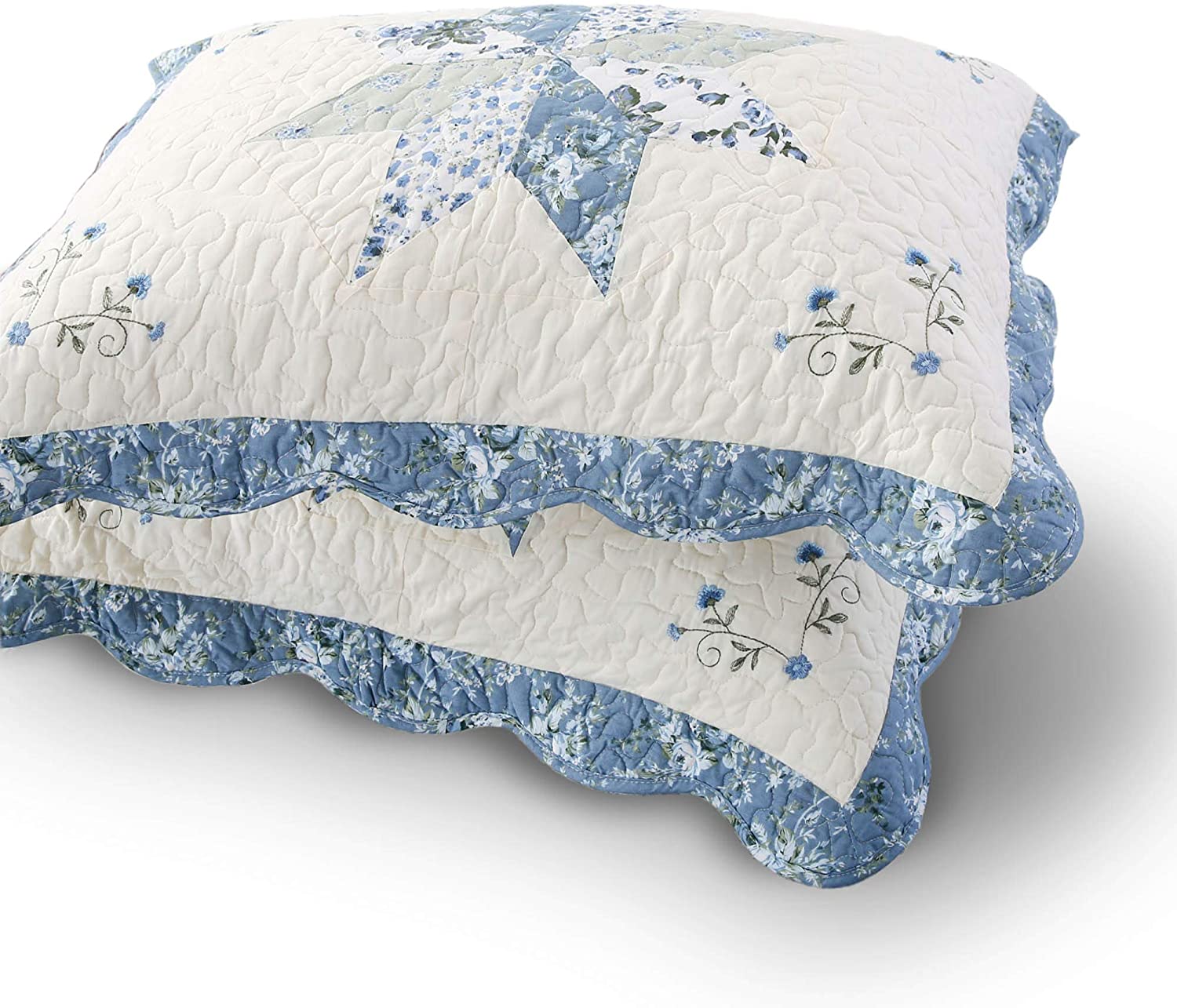 Mintorai 100% Cotton Star Design Patchwork Embroidered Pillow Sham Set, Blue, King Size