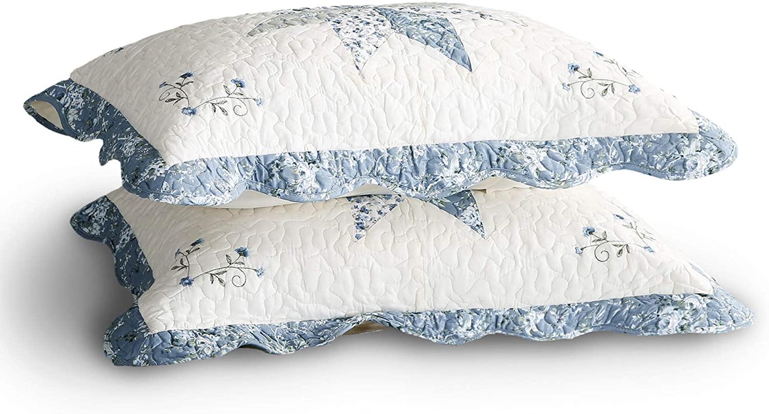 Mintorai 100% Cotton Star Design Patchwork Embroidered Pillow Sham Set, Blue, King Size