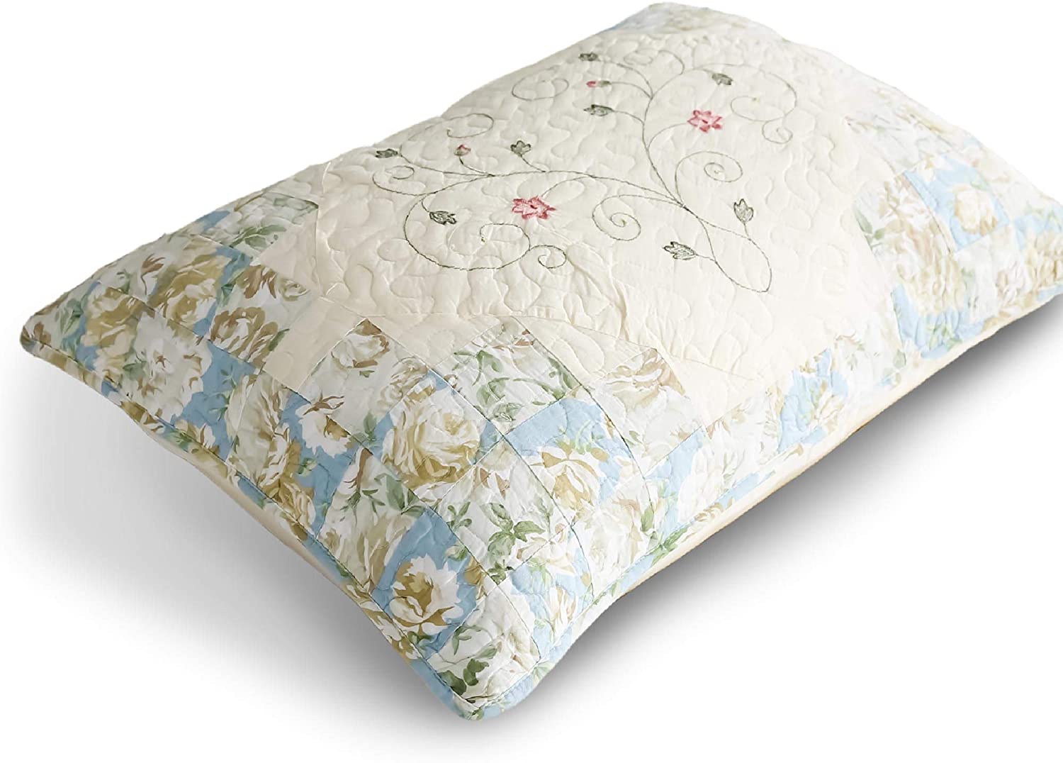 Mintorai 100% Cotton Floral Patchwork Pillow Sham Set, Blue and Beige