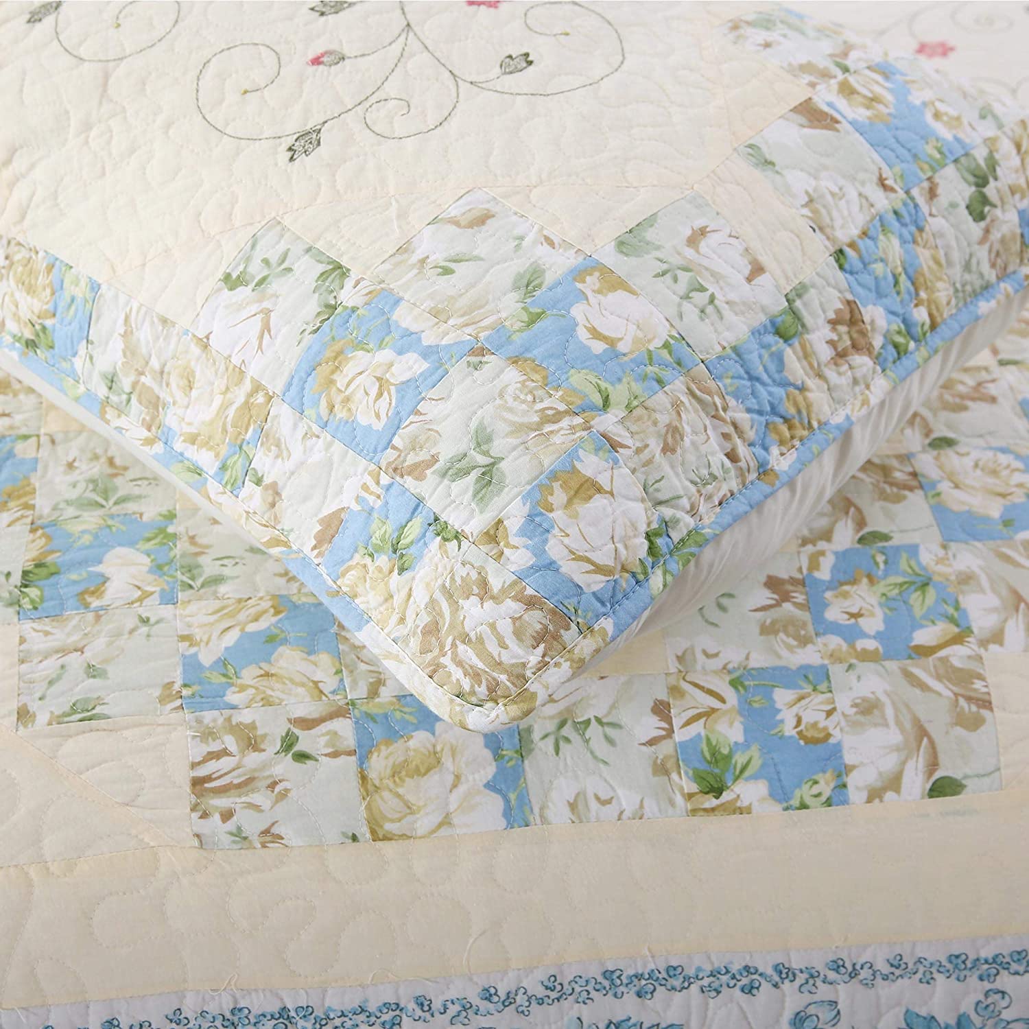 Mintorai 100% Cotton Floral Patchwork Pillow Sham Set, Blue and Beige