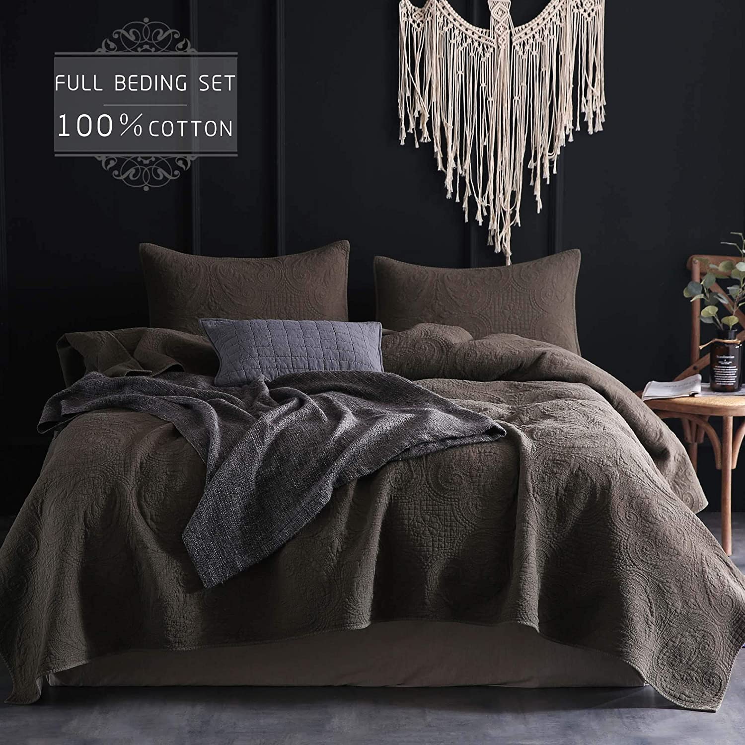 Mintorai 100 Percent Cotton Floral Chic Embroidery Cozy Quilt Set, Blue, Brown, Single, Queen, King