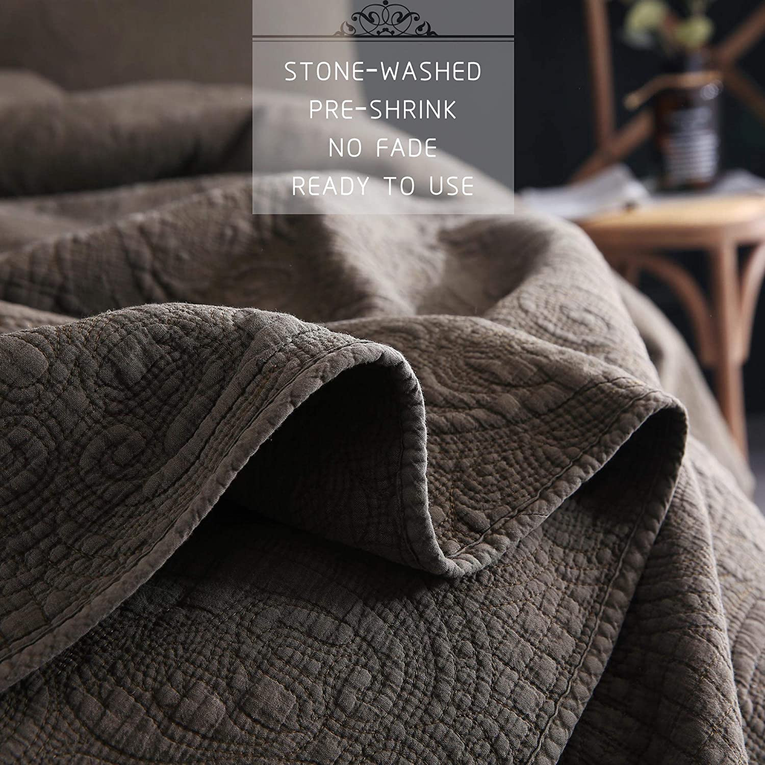 Mintorai 100 Percent Cotton Floral Chic Embroidery Cozy Quilt Set, Blue, Brown, Single, Queen, King