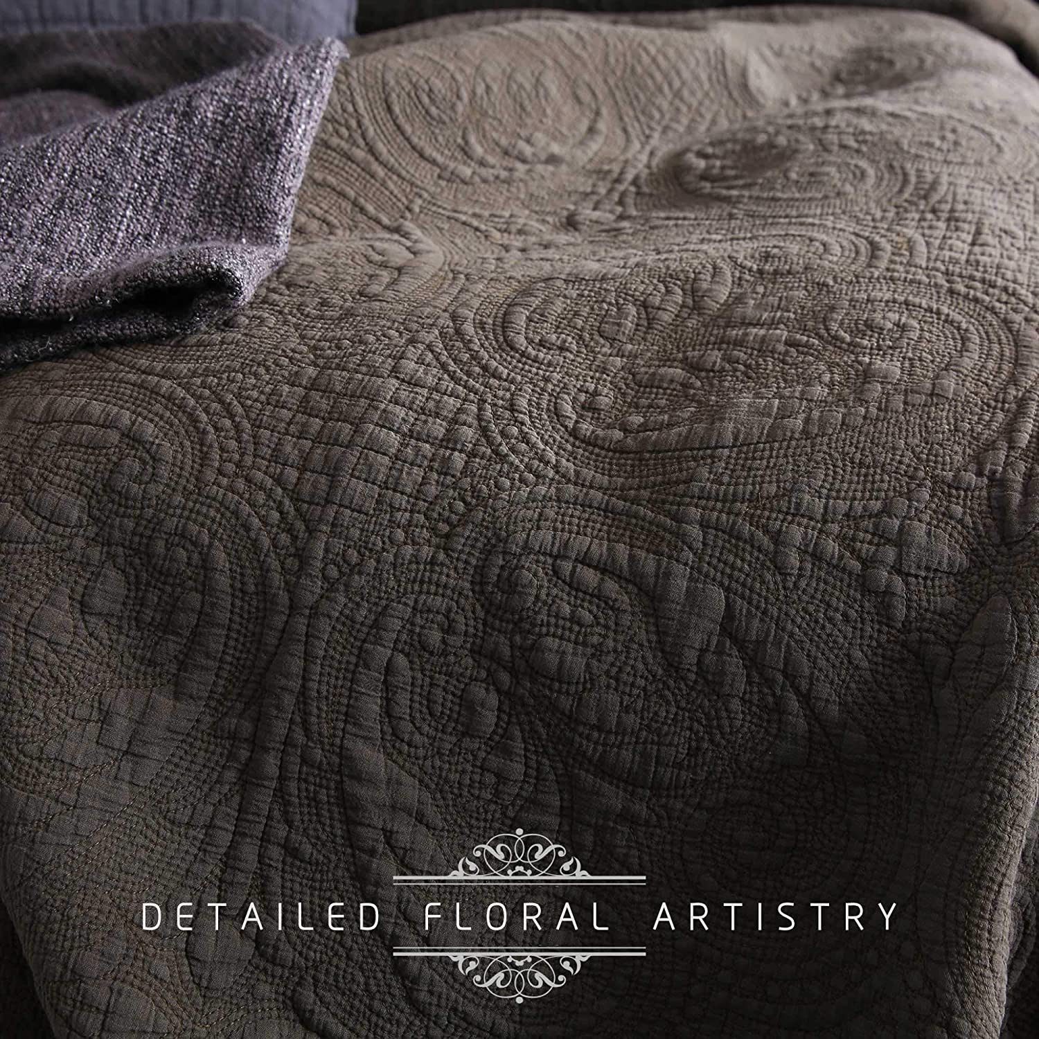 Mintorai 100 Percent Cotton Floral Chic Embroidery Cozy Quilt Set, Blue, Brown, Single, Queen, King