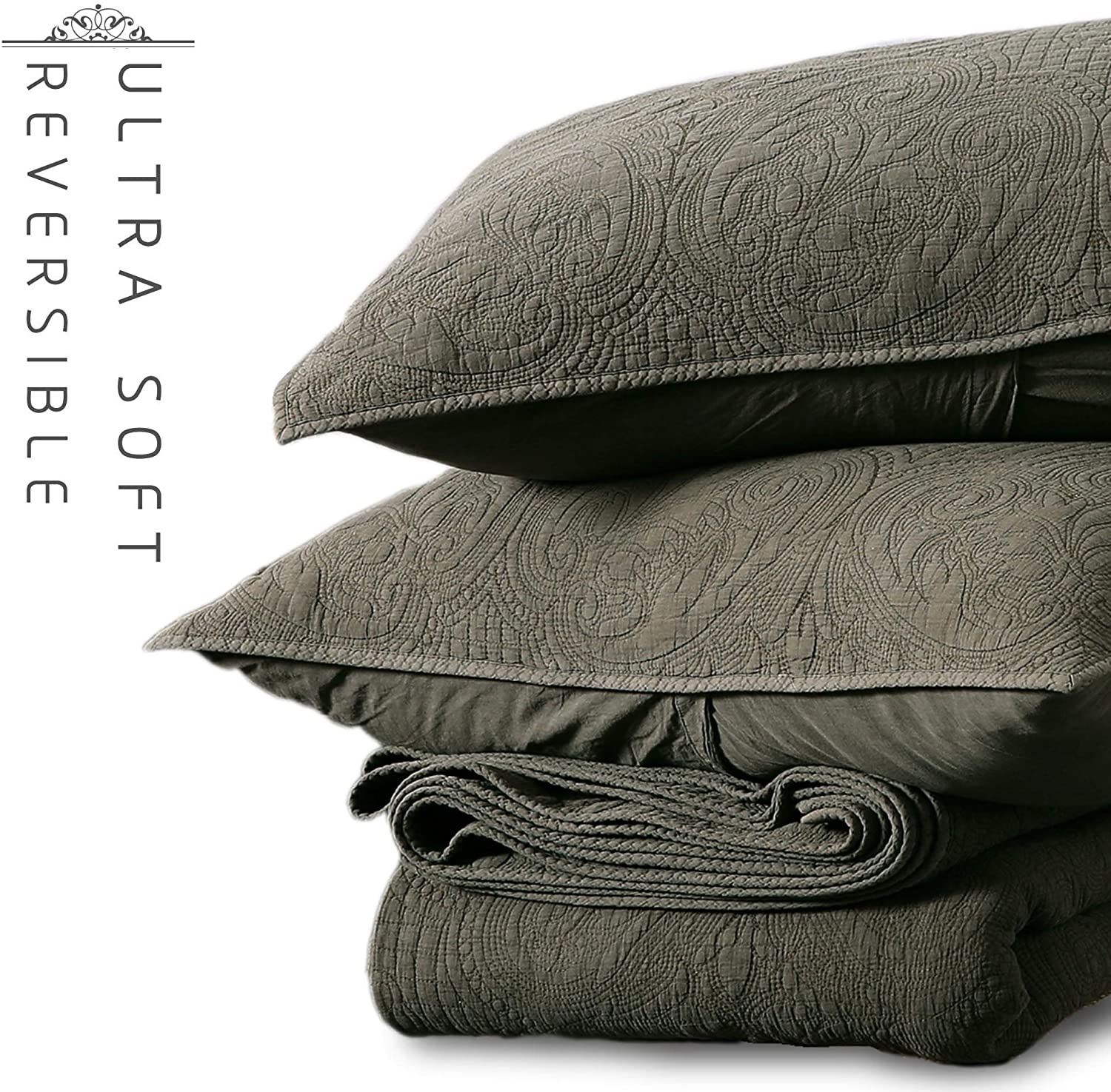 Mintorai 100 Percent Cotton Floral Chic Embroidery Cozy Quilt Set, Blue, Brown, Single, Queen, King