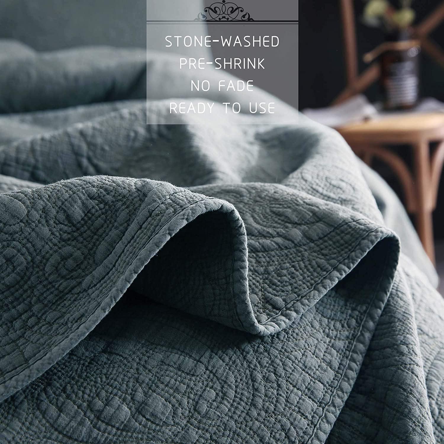 Mintorai 100 Percent Cotton Floral Chic Embroidery Cozy Quilt Set, Blue, Brown, Single, Queen, King