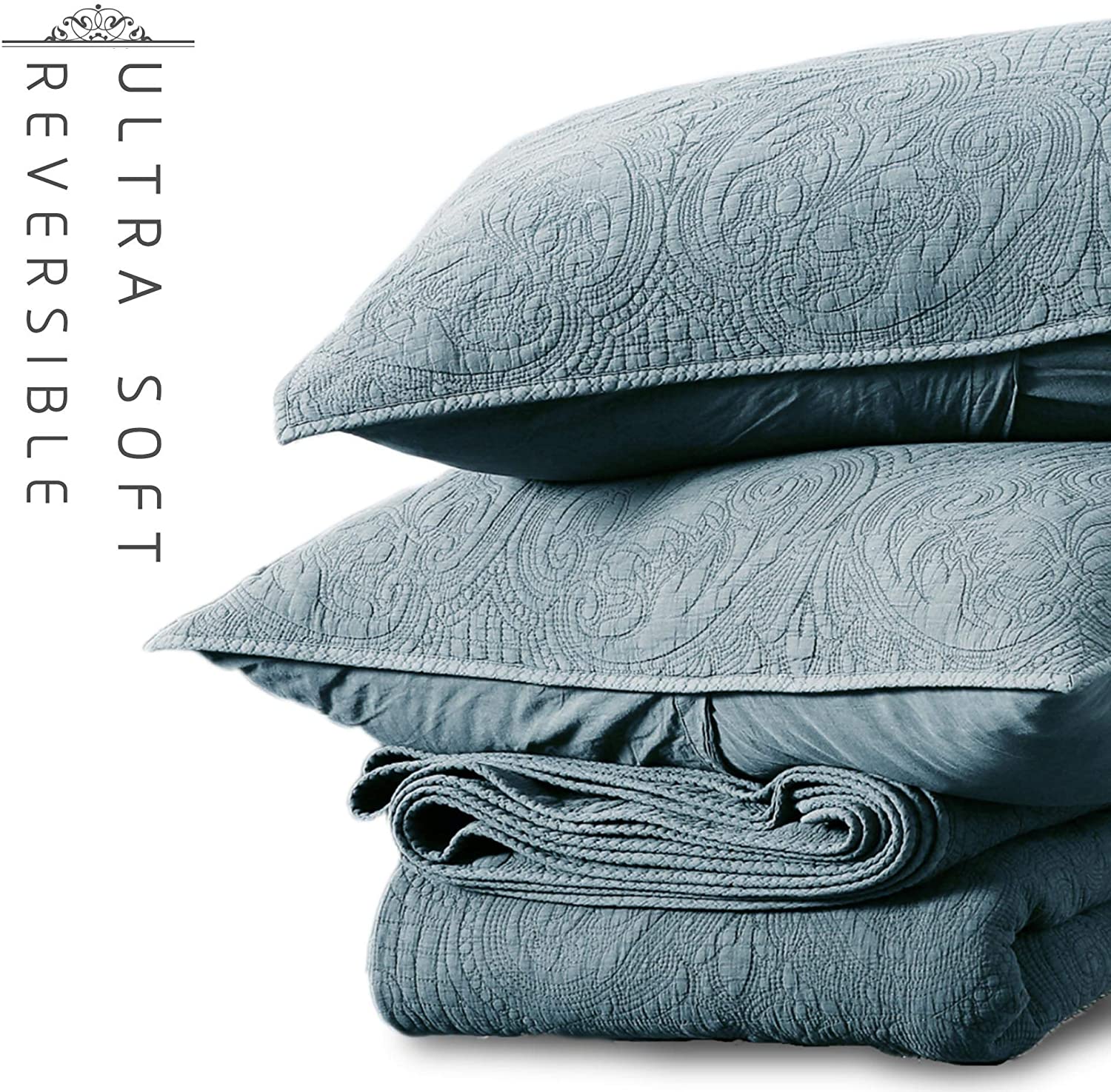 Mintorai 100 Percent Cotton Floral Chic Embroidery Cozy Quilt Set, Blue, Brown, Single, Queen, King