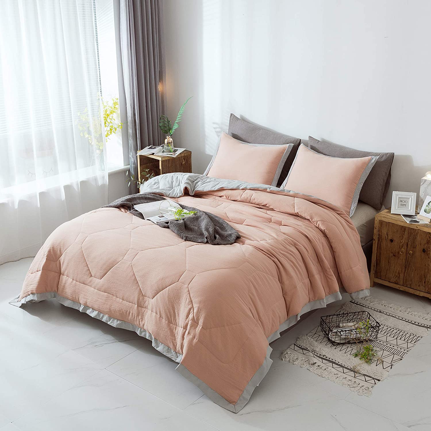 Mintorai Ultra Soft Quilted Comforter Set with Ruffled Trim Edge, Peach Rose, Room Decor, Graduation Gifts