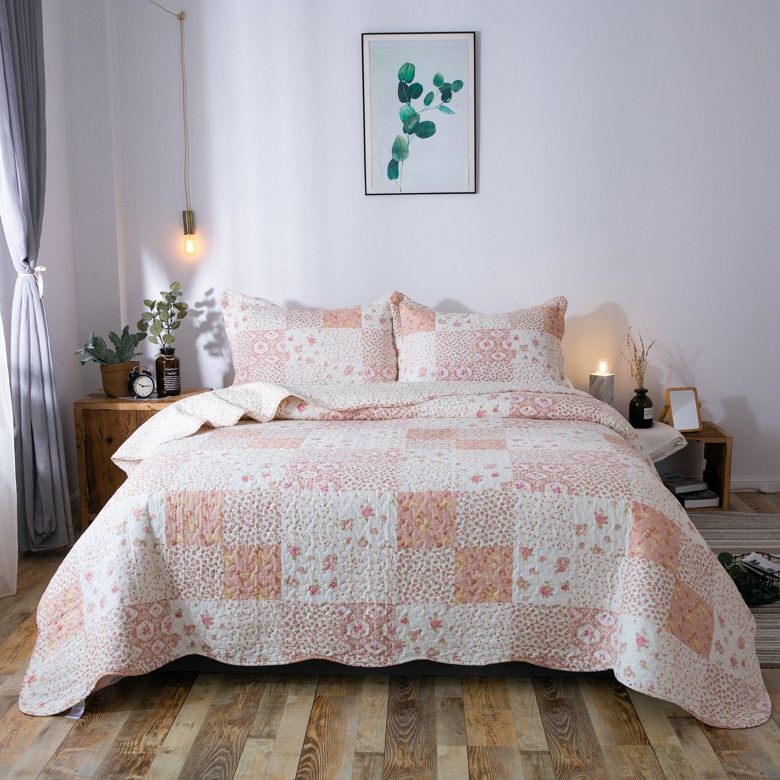 Mintorai Country-Chic Printed Pre-Washed Quilt Set. Microfiber Fabric Multi-Pink - Mintorai